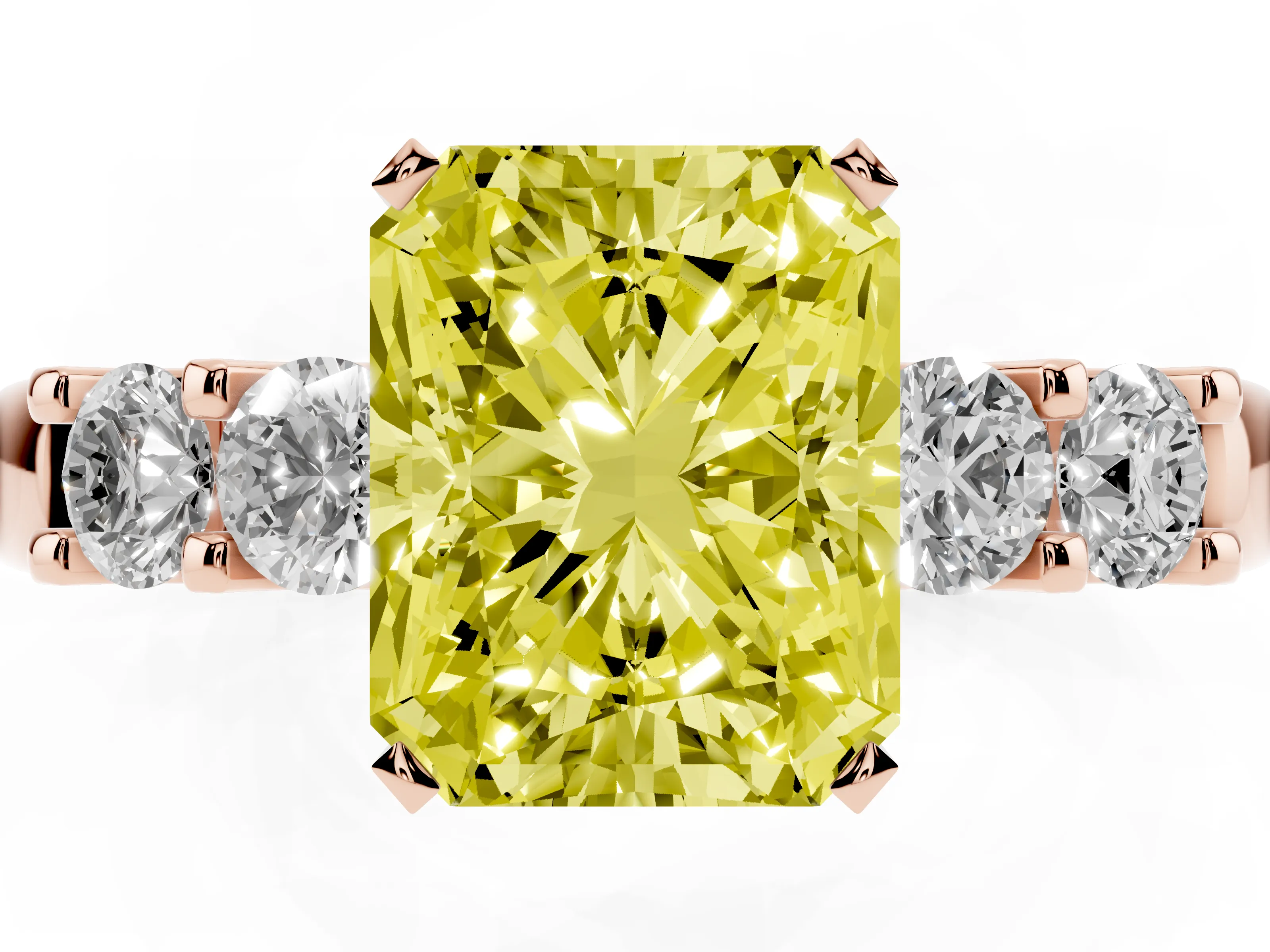 Fancy Yellow Radiant Cut Diamond Five-Stone Prong Set Engagement Ring Set in Rose gold with Channel Band