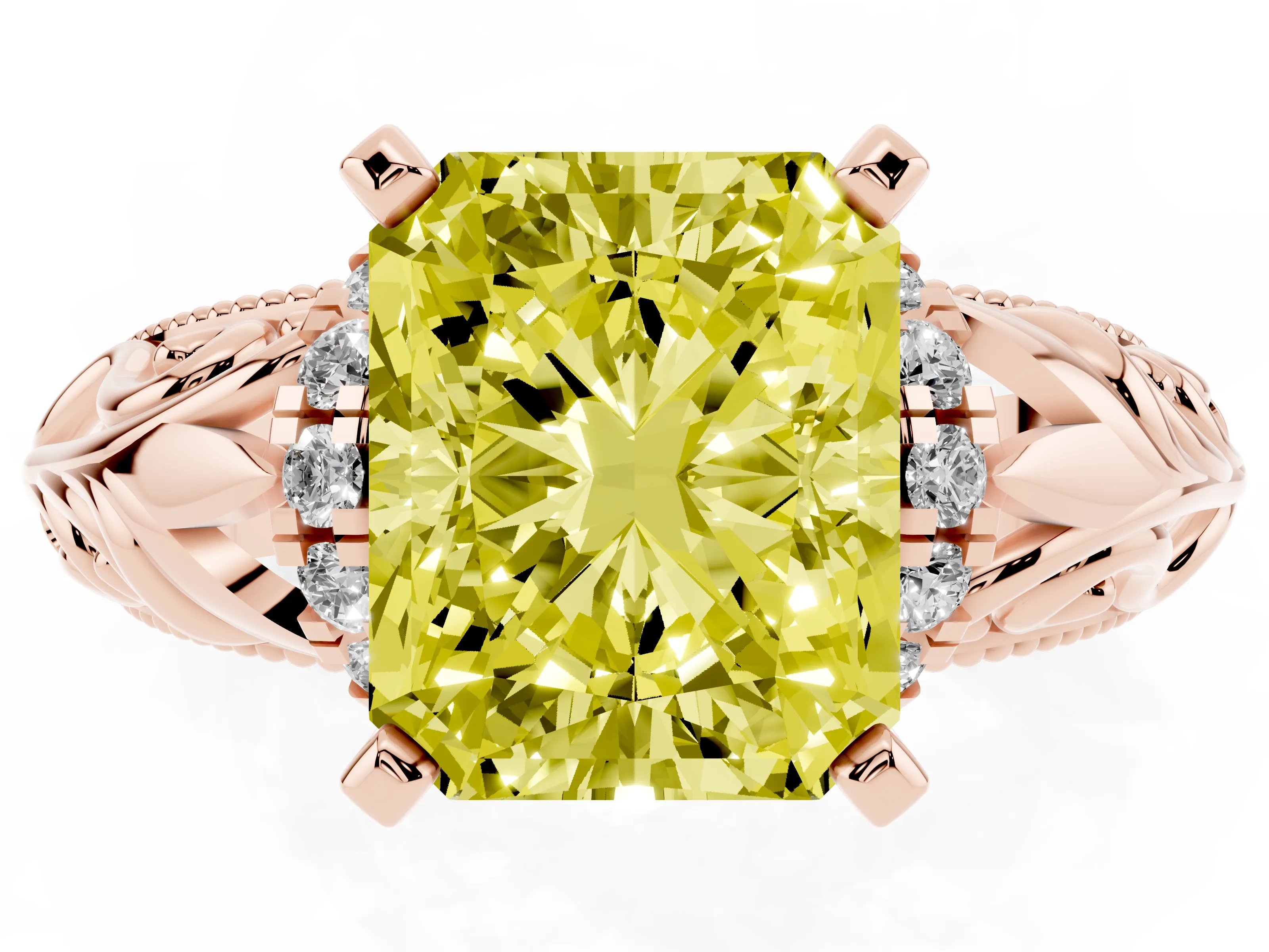 Fancy Yellow Radiant Cut Diamond Filigree Halo Engagement Ring Set in Rose gold with Prong Setting
