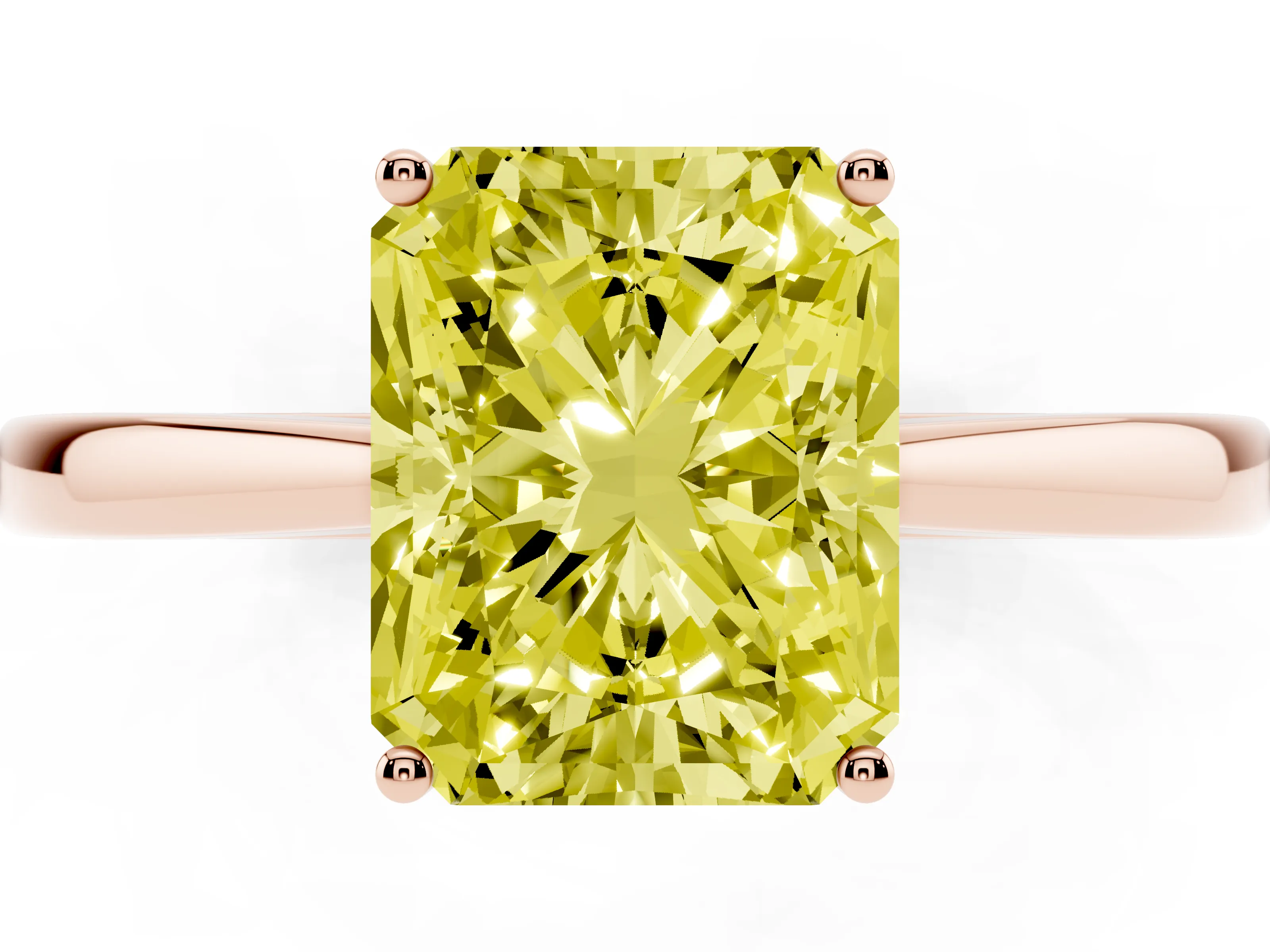 Fancy Yellow Radiant Cut Diamond Solitaire Ring Set in Rose gold with Split Shank and Prong Setting