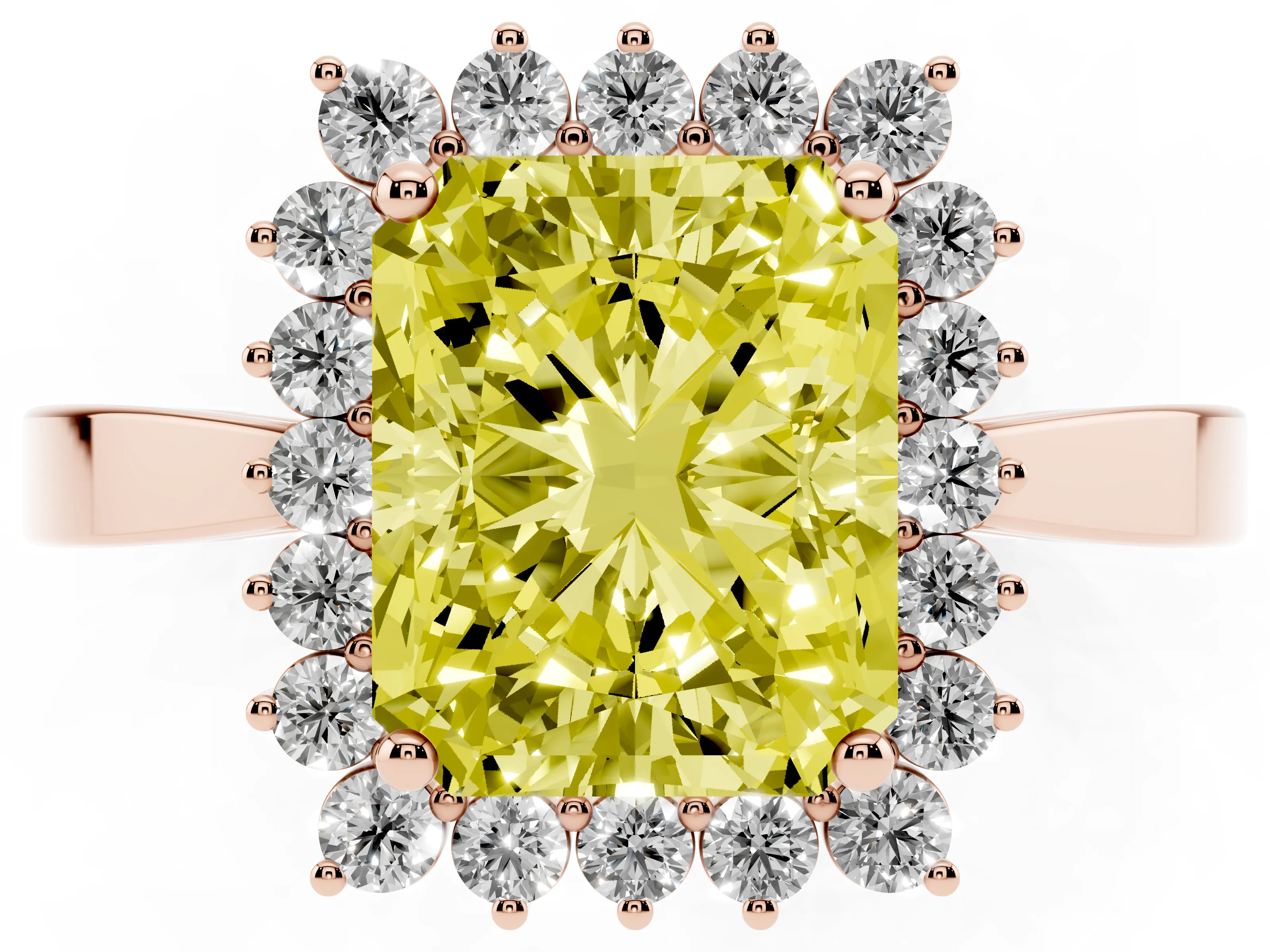 Fancy Yellow Radiant Cut Diamond Halo Ring Set in Rose gold with Round Halo and Smooth Solitaire Band
