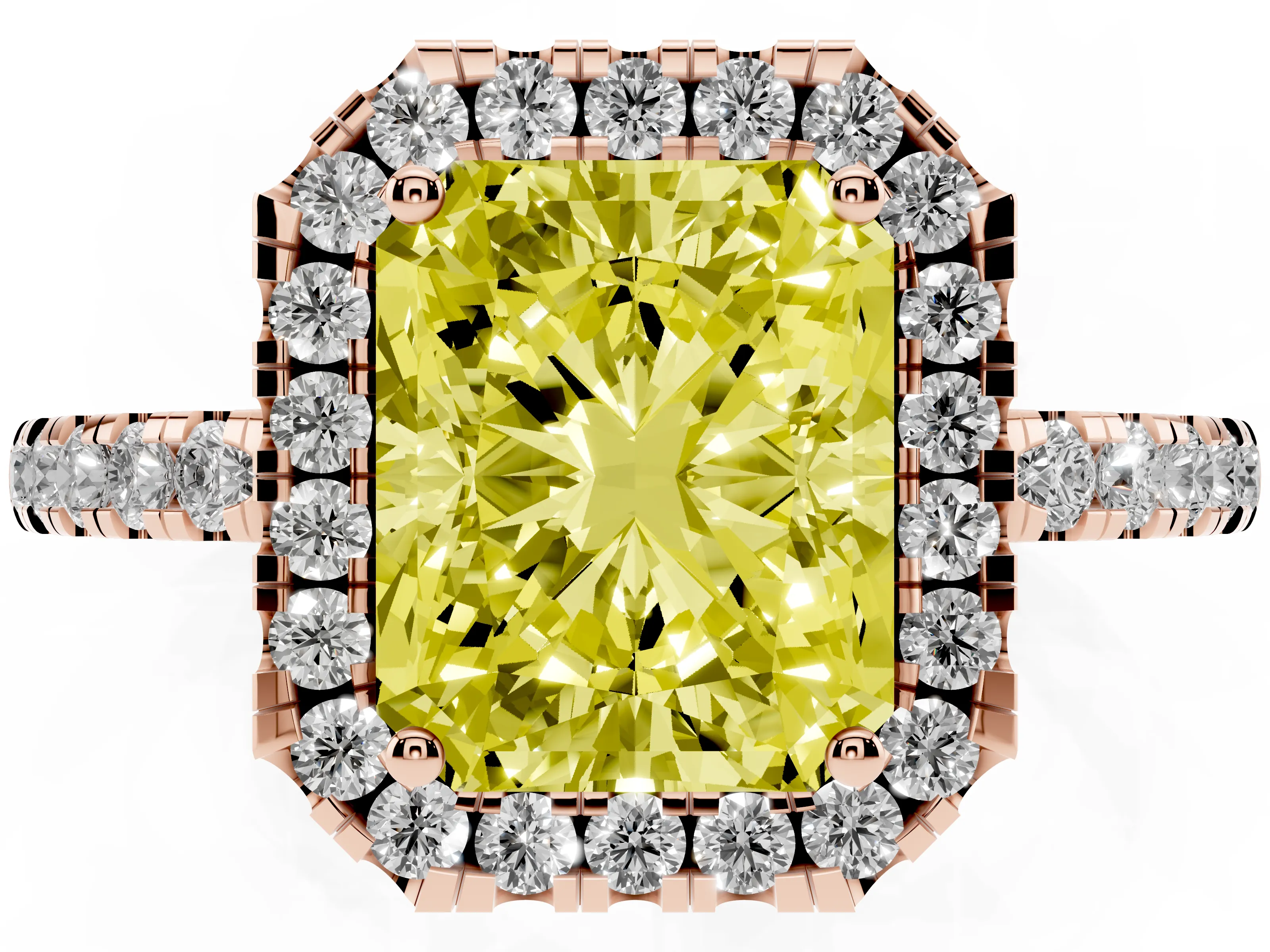 Fancy Yellow Radiant Cut Diamond Pavé Band Halo Engagement Ring Set in Rose gold with Prong Setting