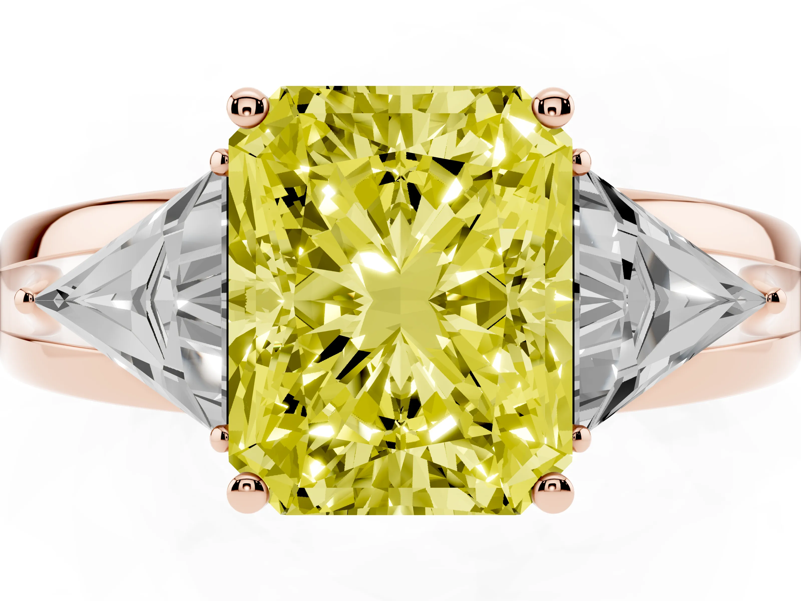 Fancy Yellow Radiant Cut Diamond Three-Stone Ring Set in Rose gold with Trillion Side Stones and Split Shank