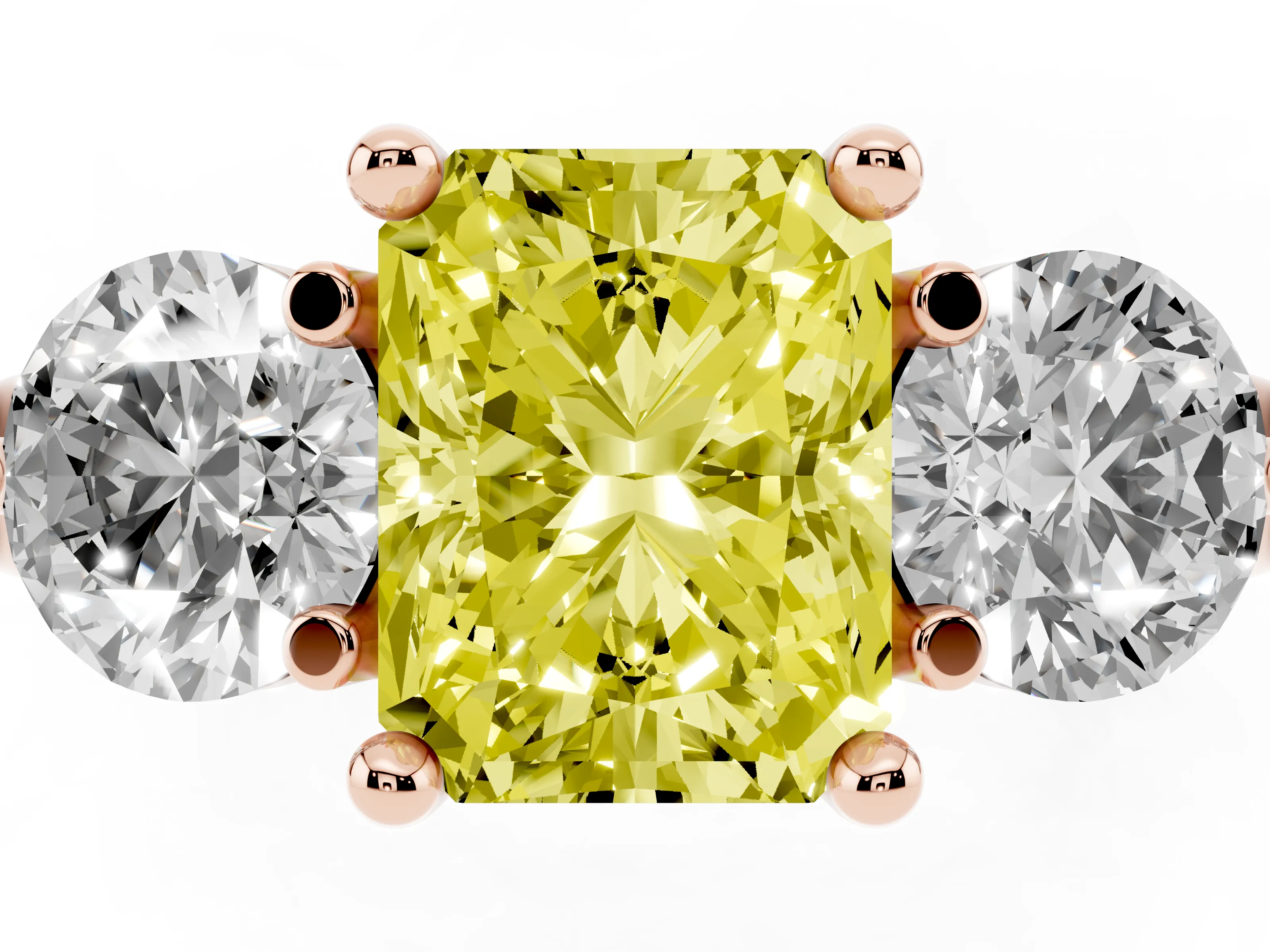 Fancy Yellow Radiant Cut Diamond Three-Stone Ring Set in Rose gold with Prong Setting and Classic Band
