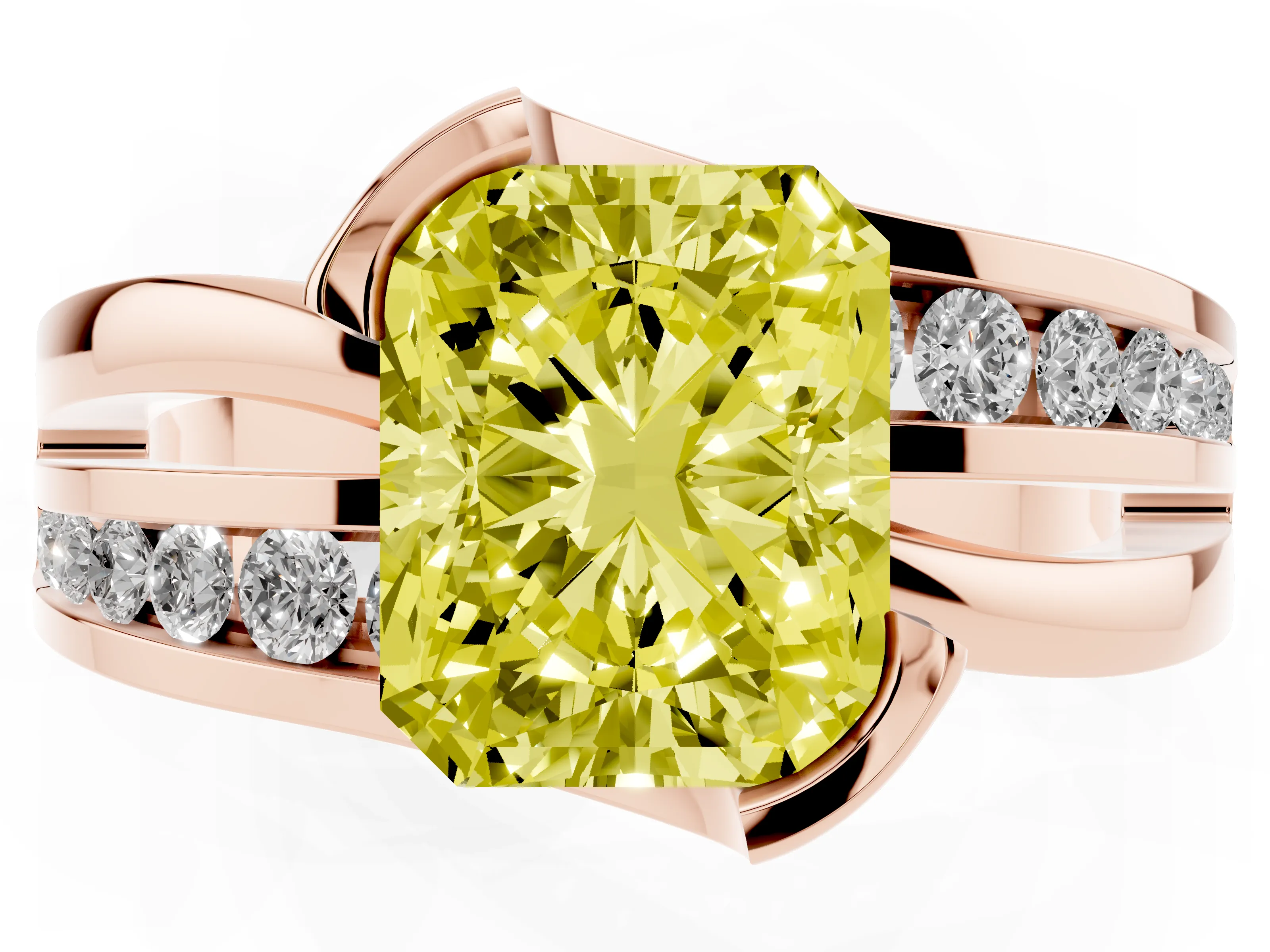 Fancy Yellow Radiant Cut Diamond Solitaire Ring Set in Rose gold with Channel Set Split Shank and Tension Prongs