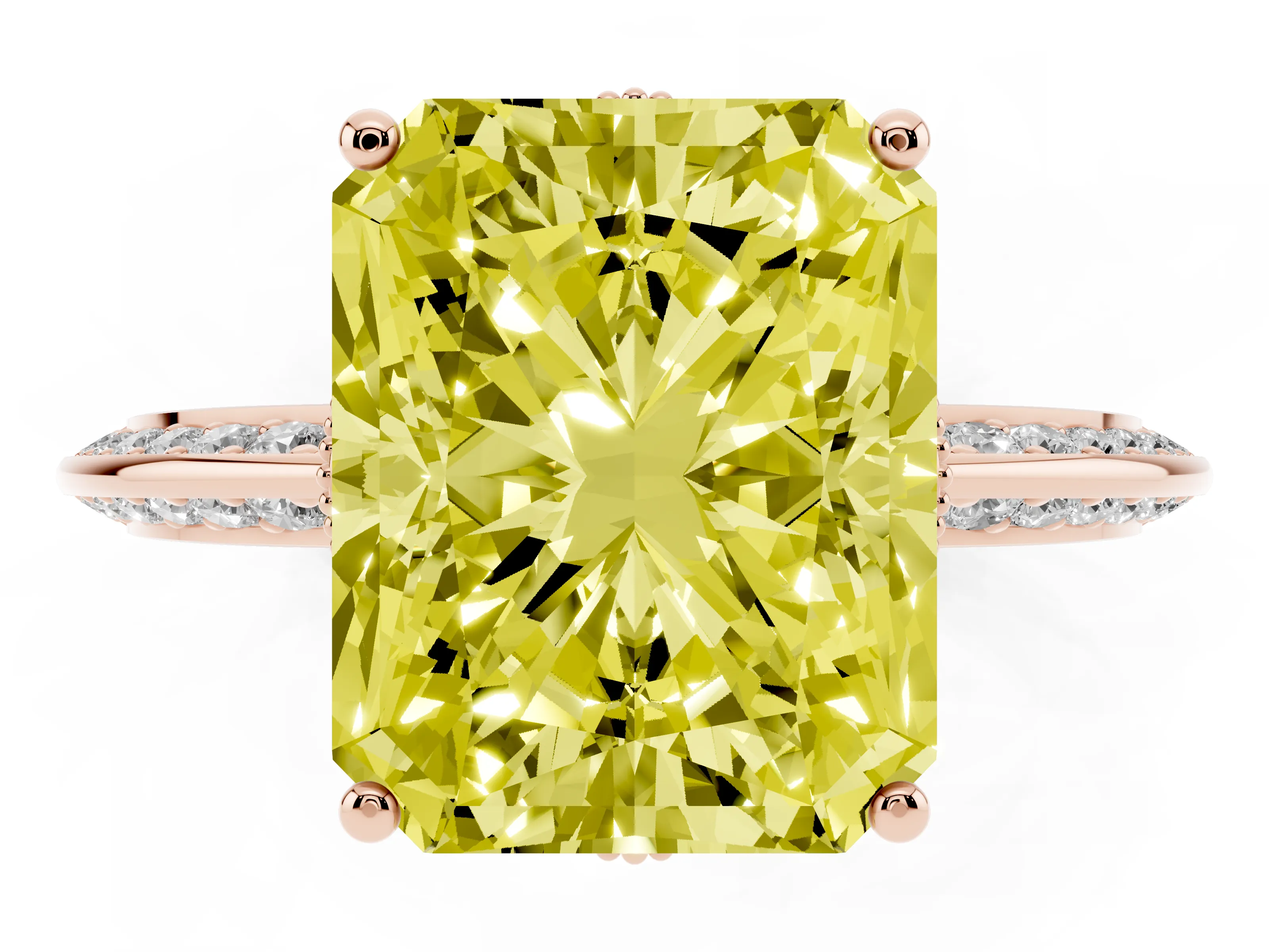 Fancy Yellow Radiant Cut Diamond Solitaire Engagement Ring Set in Rose gold with Pavé Split Shank and Prong Setting