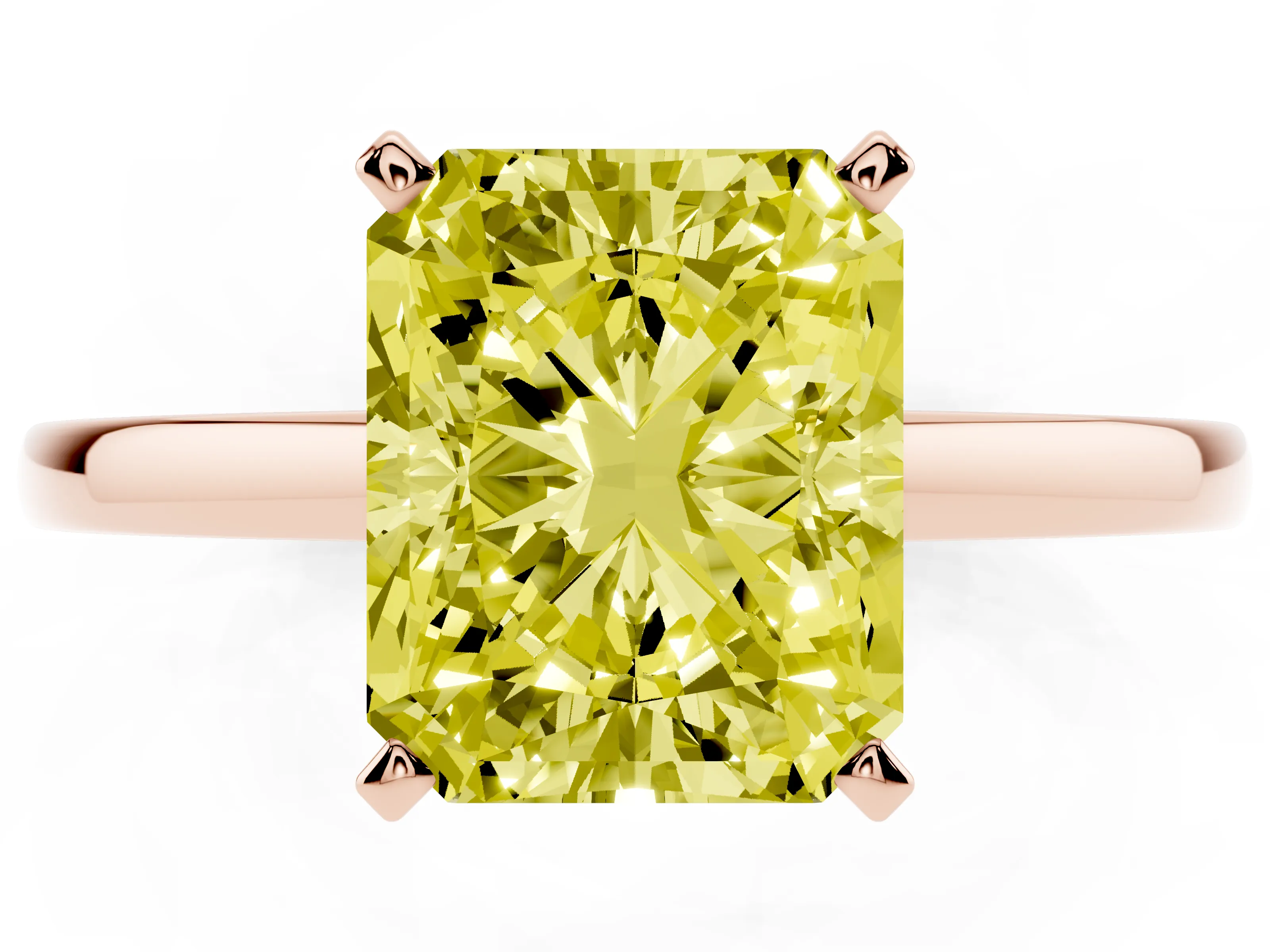 Fancy Yellow Radiant Cut Diamond Solitaire Engagement Ring Set in Rose gold with Prong Setting on a Classic Band