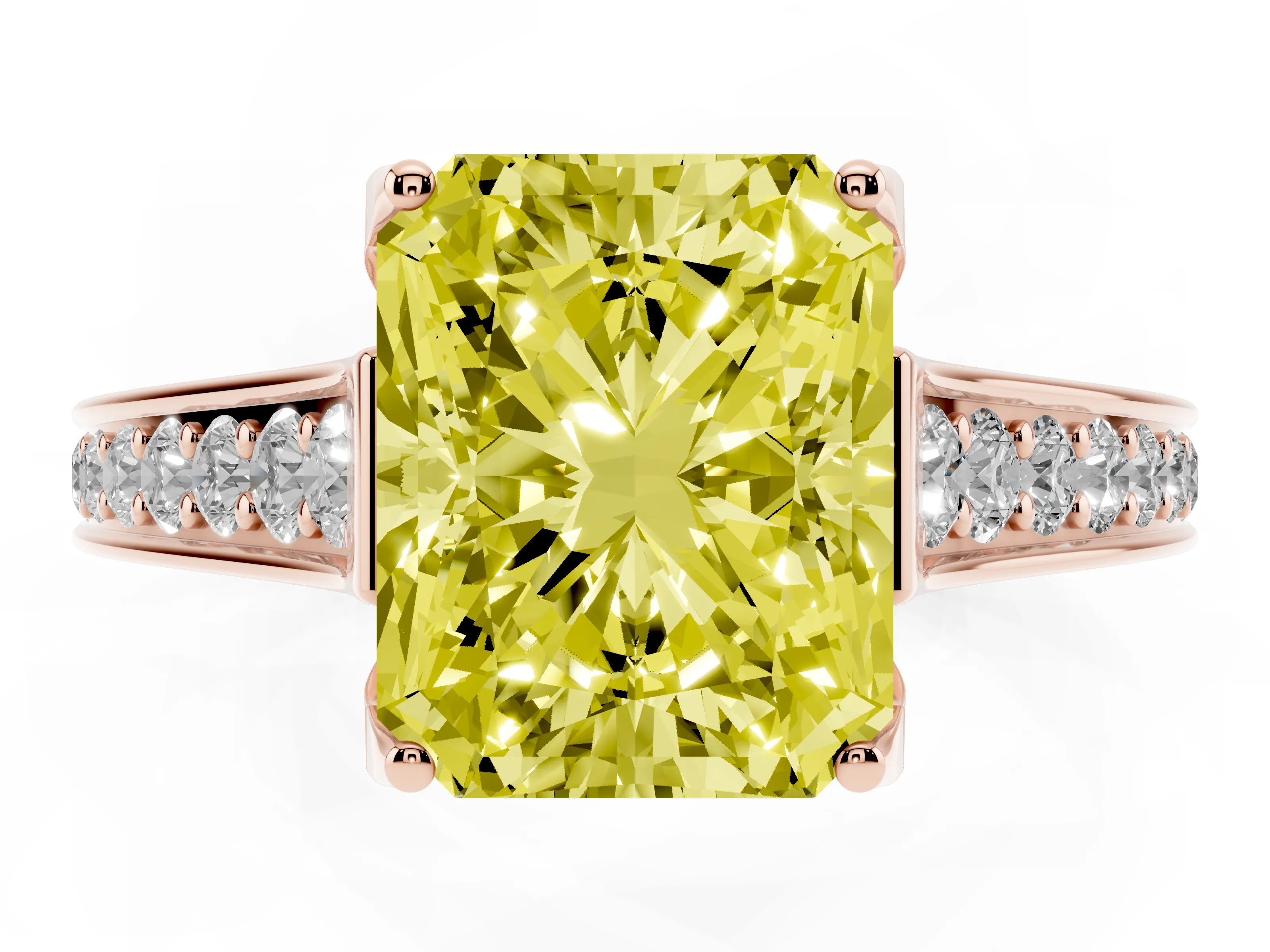 Fancy Yellow Radiant Cut Diamond Solitaire Pavé Engagement Ring Set in Rose gold with Prong Setting