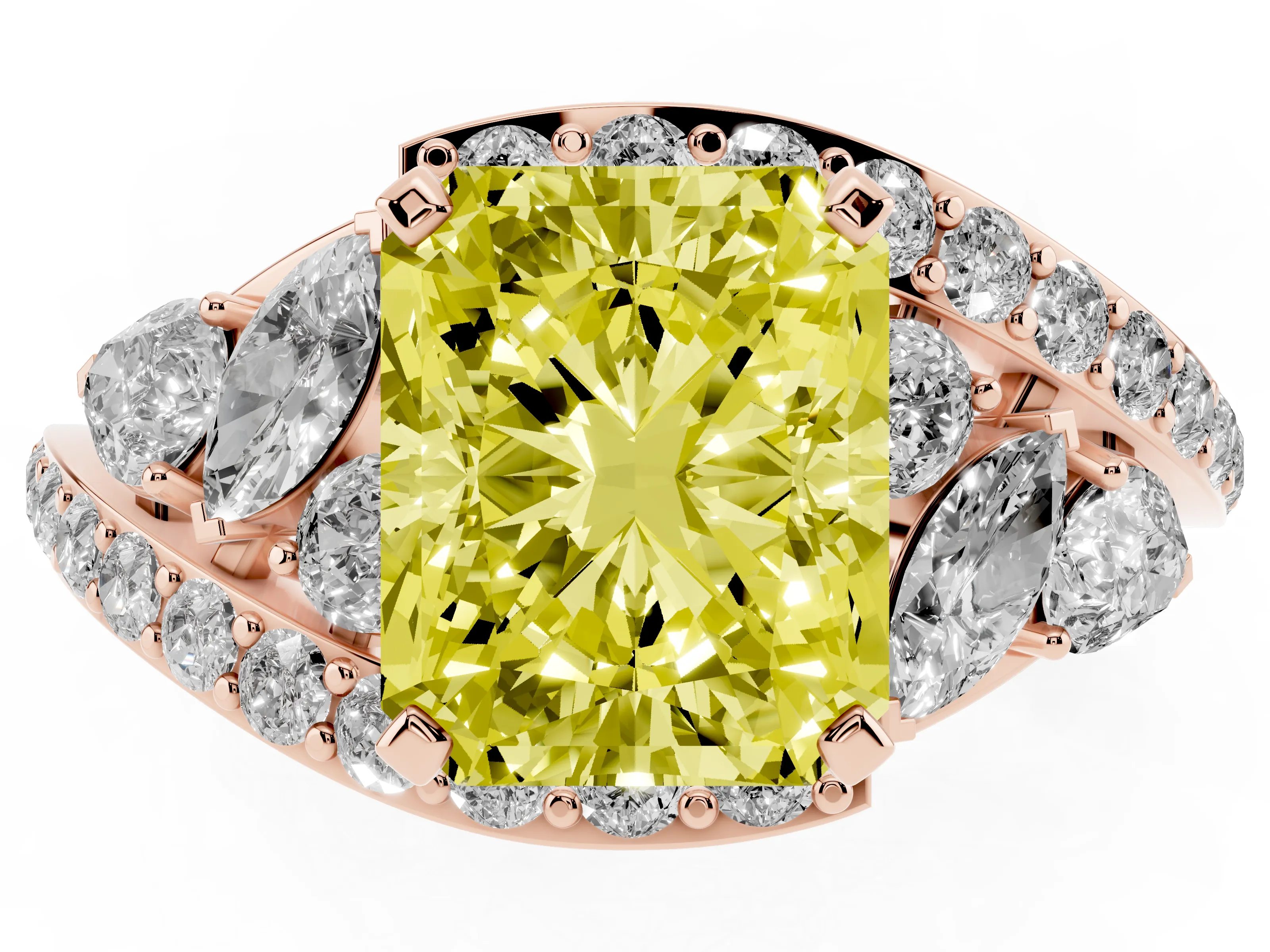 Fancy Yellow Radiant Cut Diamond Halo Ring Set in Rose gold with Marquise and Pavé Band in Prong Setting