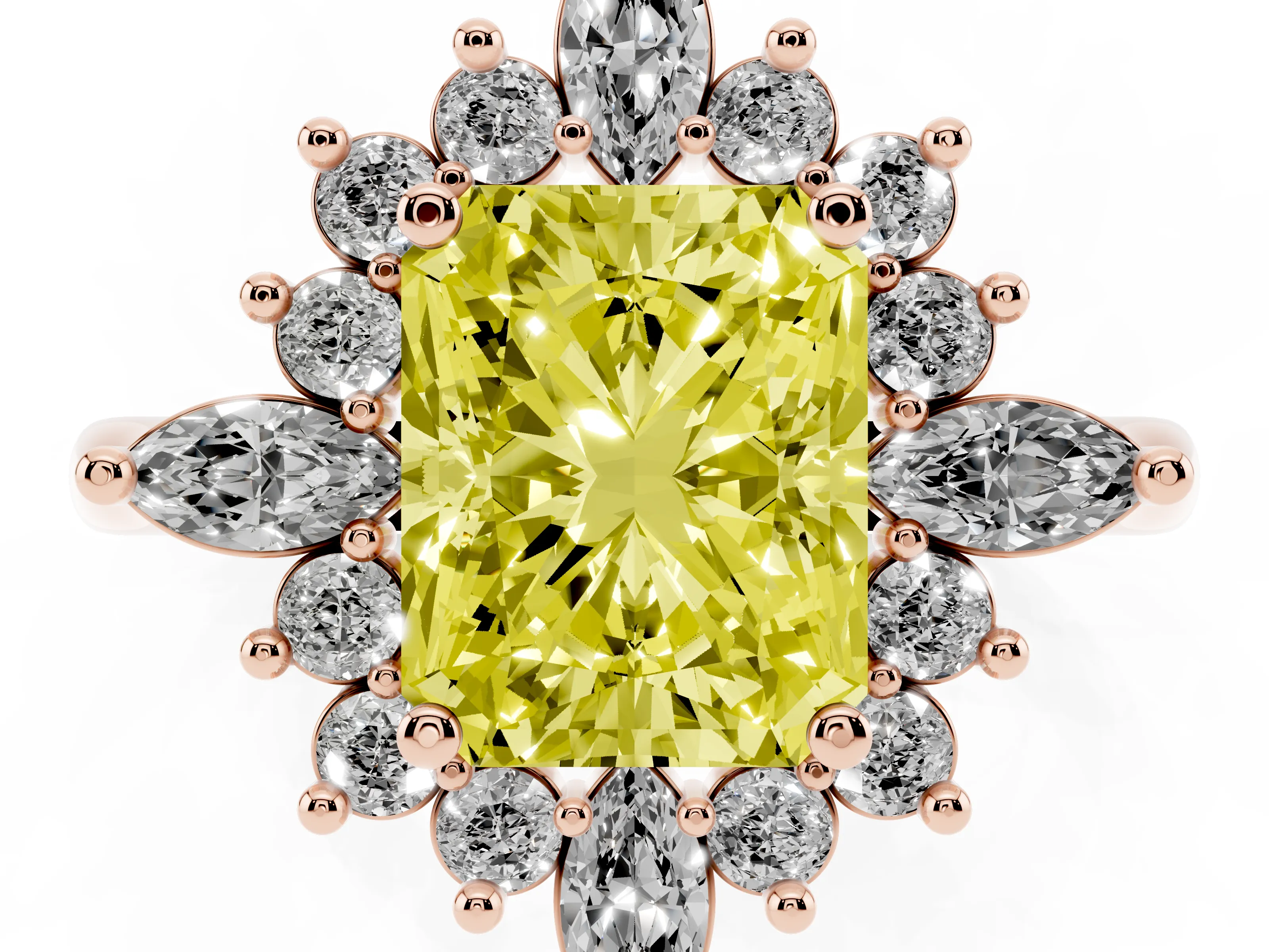 Fancy Yellow Radiant Cut Diamond Cluster Halo Ring Set in Rose gold with Marquise and Round Accents