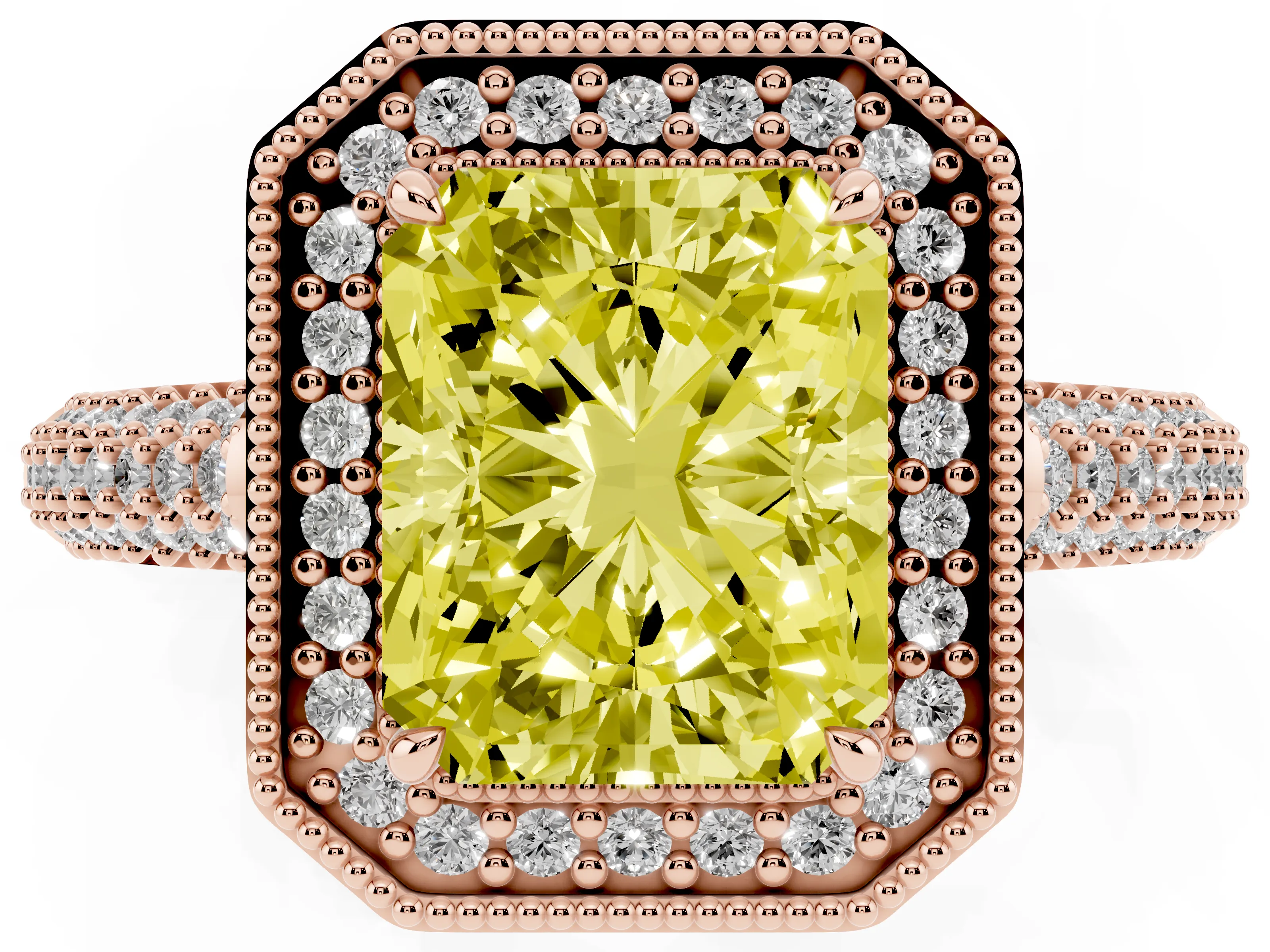 Fancy Yellow Radiant Cut Diamond Halo Pavé Band Set in Rose gold with Prong Setting