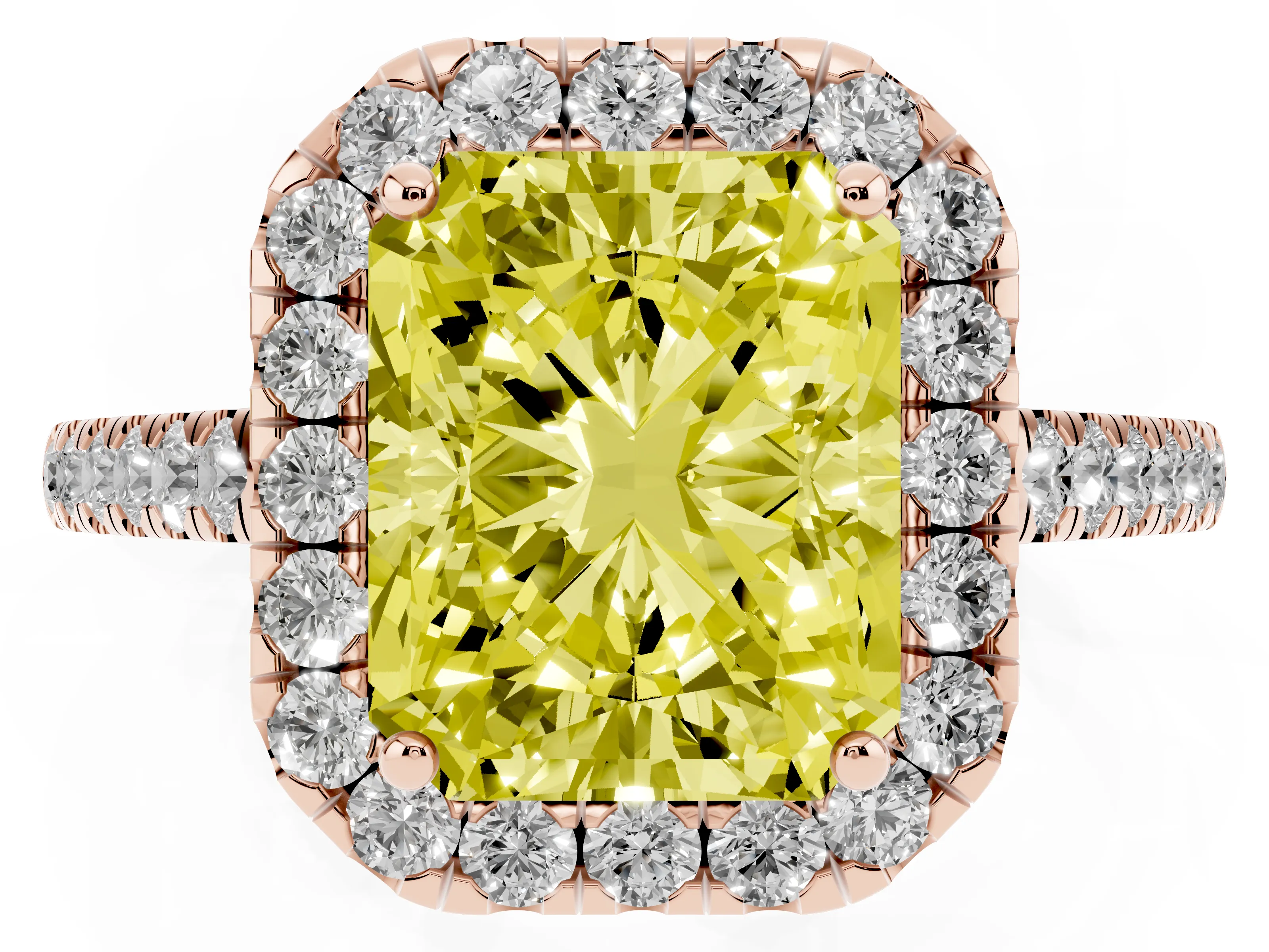 Fancy Yellow Radiant Cut Diamond Halo Pavé Engagement Ring Set in Rose gold with Prong Setting