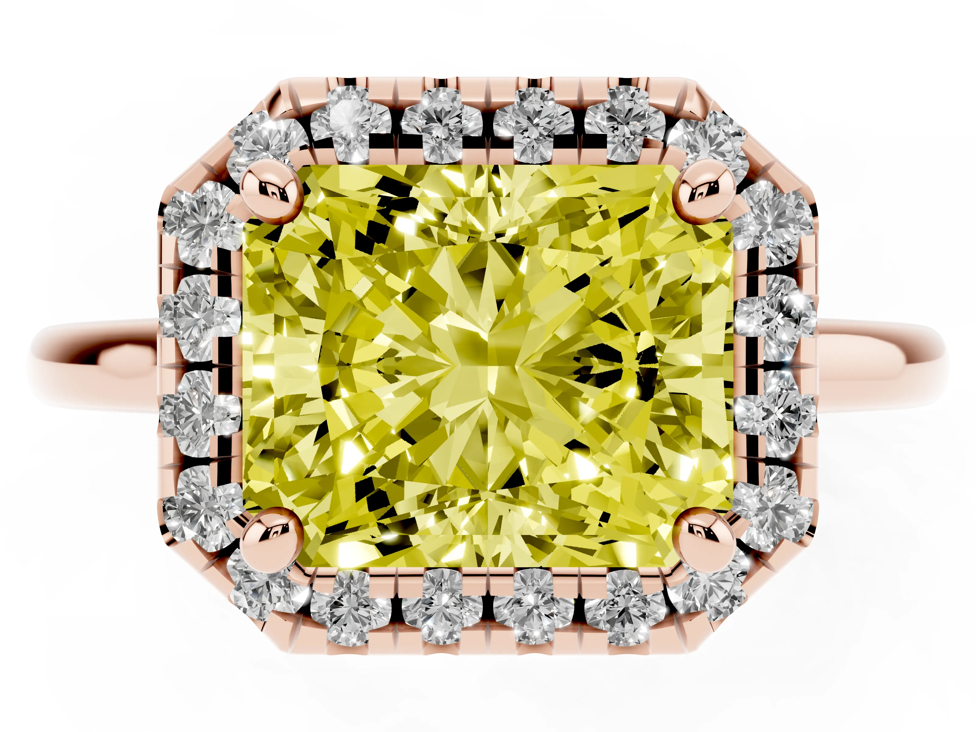 Fancy Yellow Radiant Cut Diamond Halo Engagement Ring Set in Rose gold with Pavé Band and Rising Shoulders