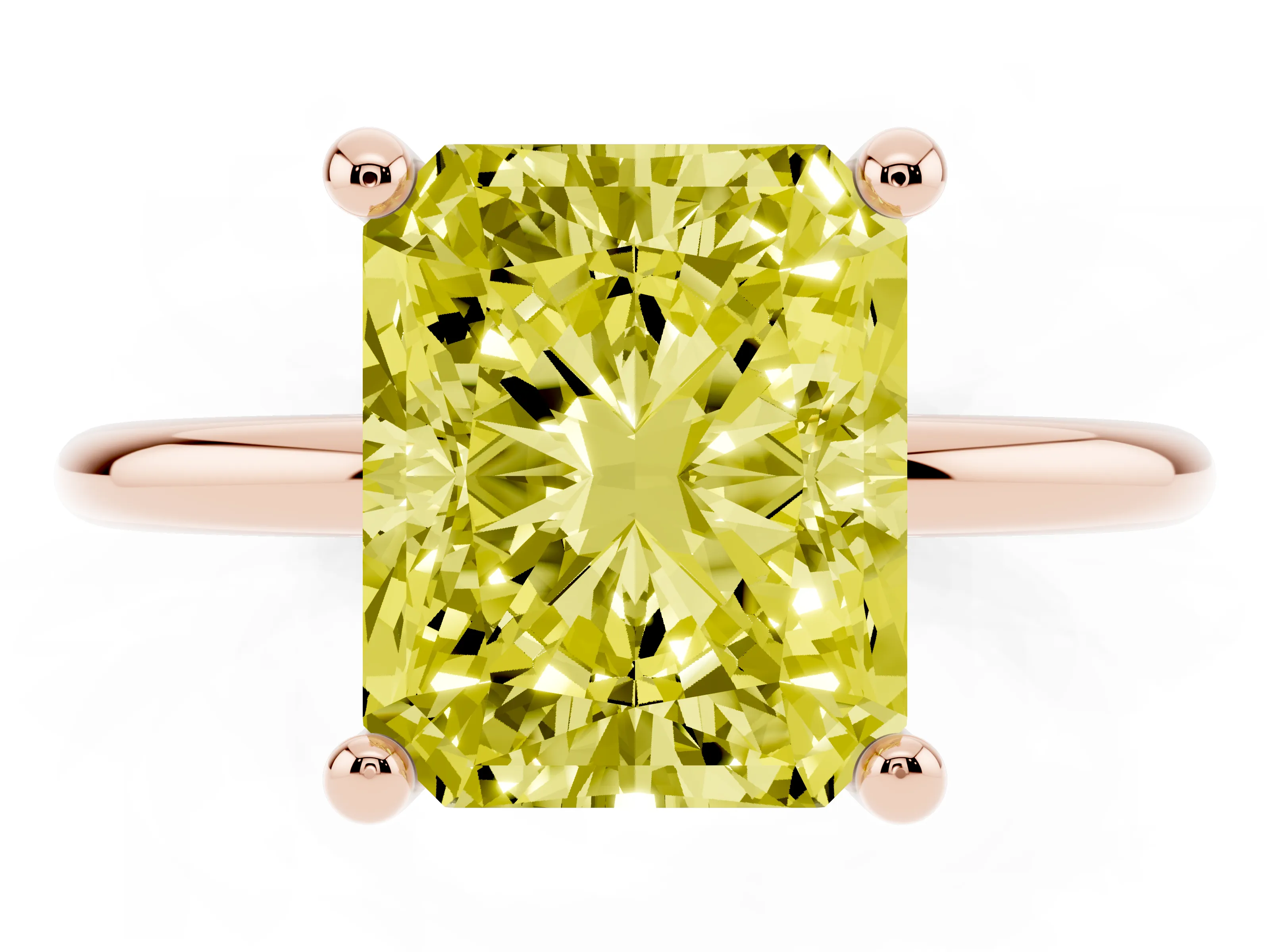 Fancy Yellow Radiant Cut Diamond Solitaire Ring Set in Rose gold with Secure Prong Setting on a Classic Band