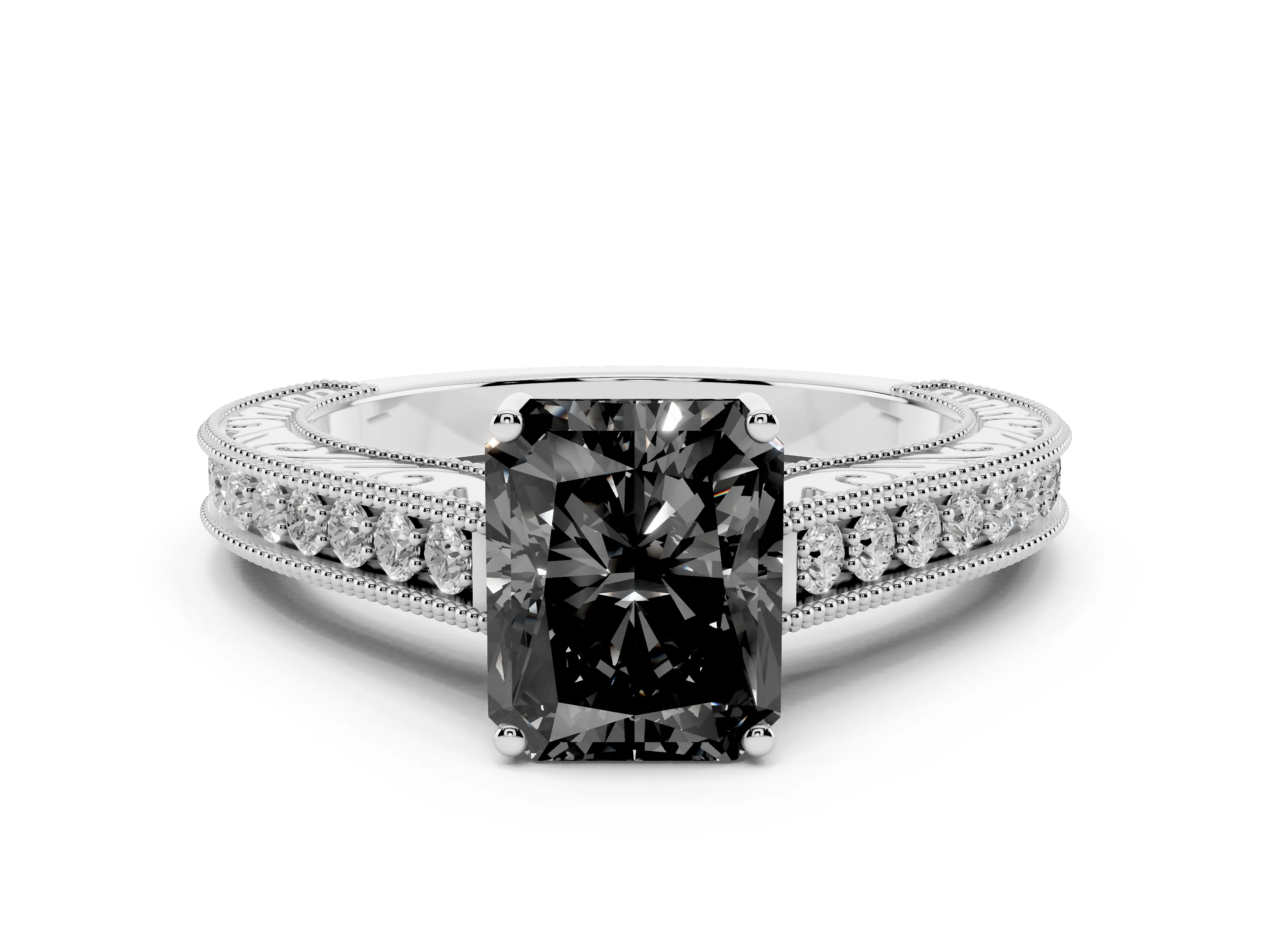 Fancy Black Radiant Cut Diamond Milgrain Pavé Band Solitaire Ring Set in Silver with Prong Setting