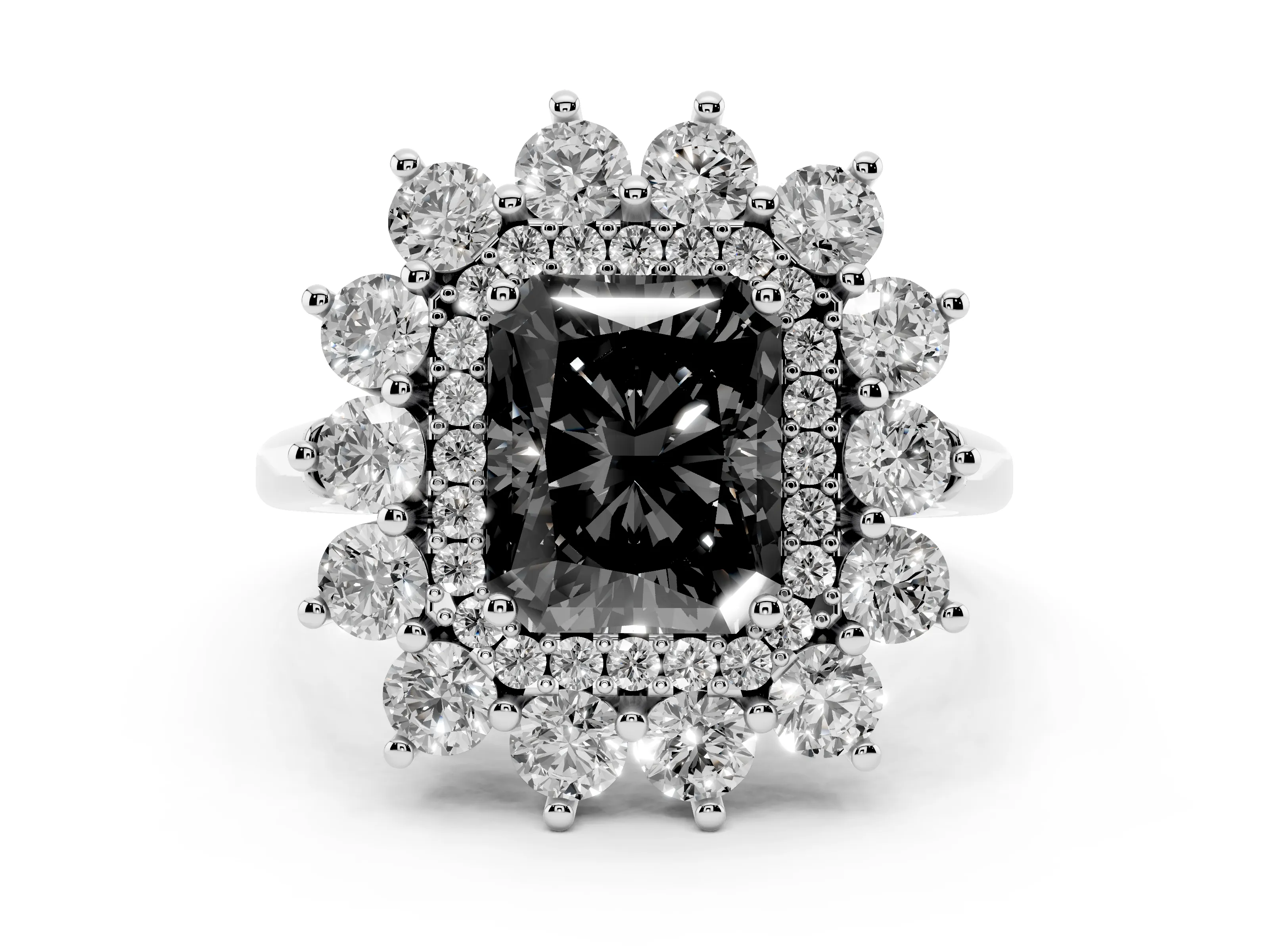 Fancy Black Radiant Cut Diamond Floral Double Halo Ring Set in Silver with Round Petals