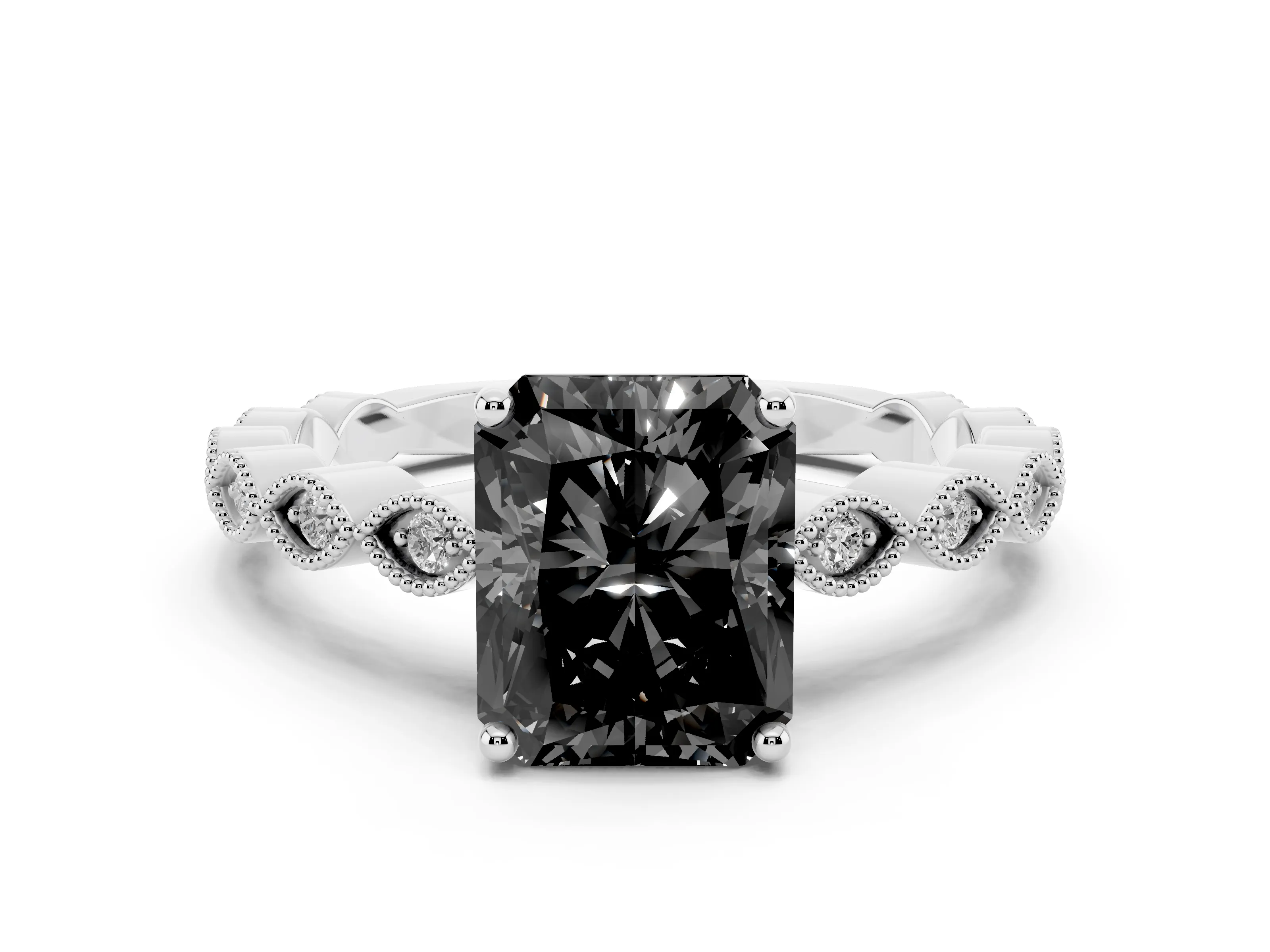 Fancy Black Radiant Cut Diamond Solitaire Ring Set in Silver with Infinity Twist Pavé Band