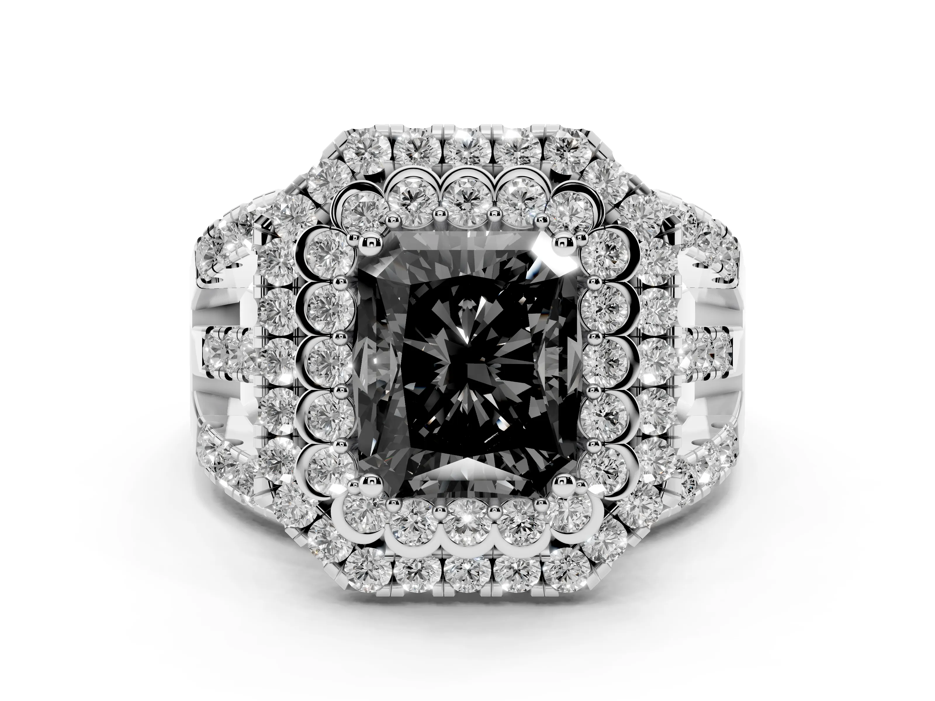 Fancy Black Radiant Cut Diamond Double Halo Ring Set in White gold with Round Pavé Split Shank