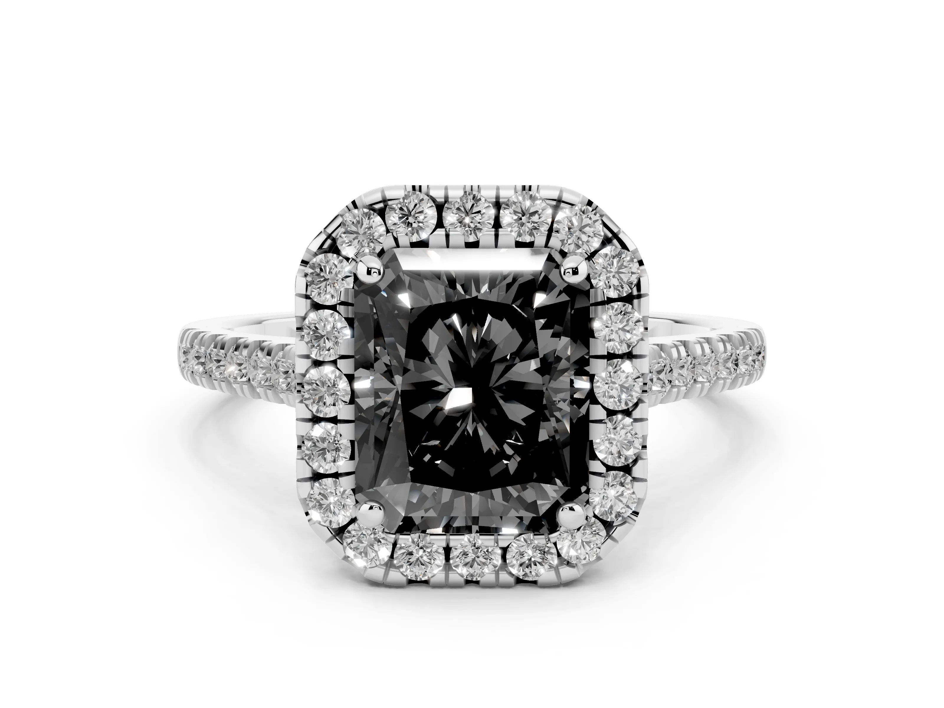 Fancy Black Radiant Cut Diamond Cushion Halo Ring Set in White gold with Pavé Band