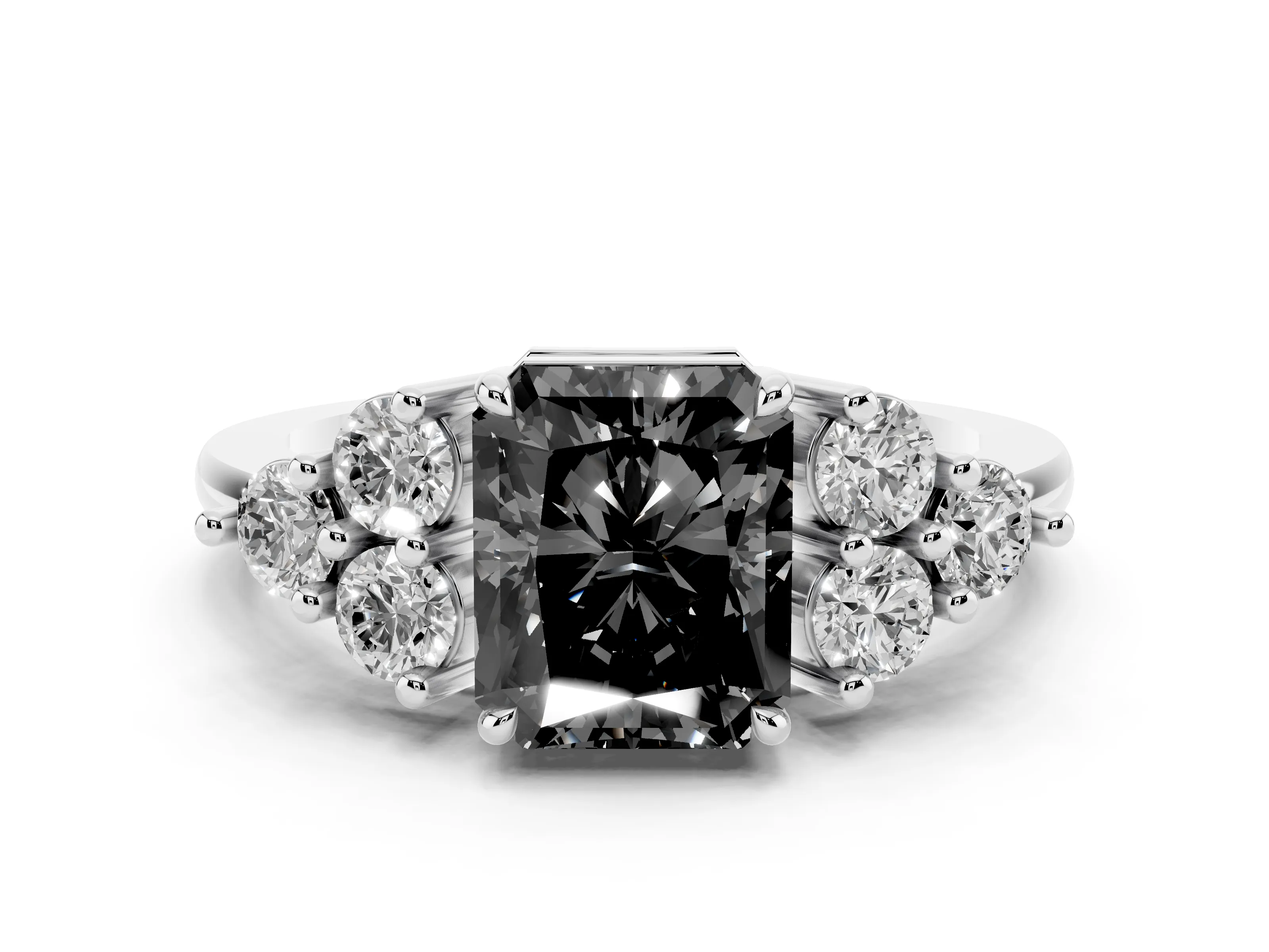 Fancy Black Radiant Cut Diamond Solitaire Ring Set in White gold with Cluster Accents on Each Side