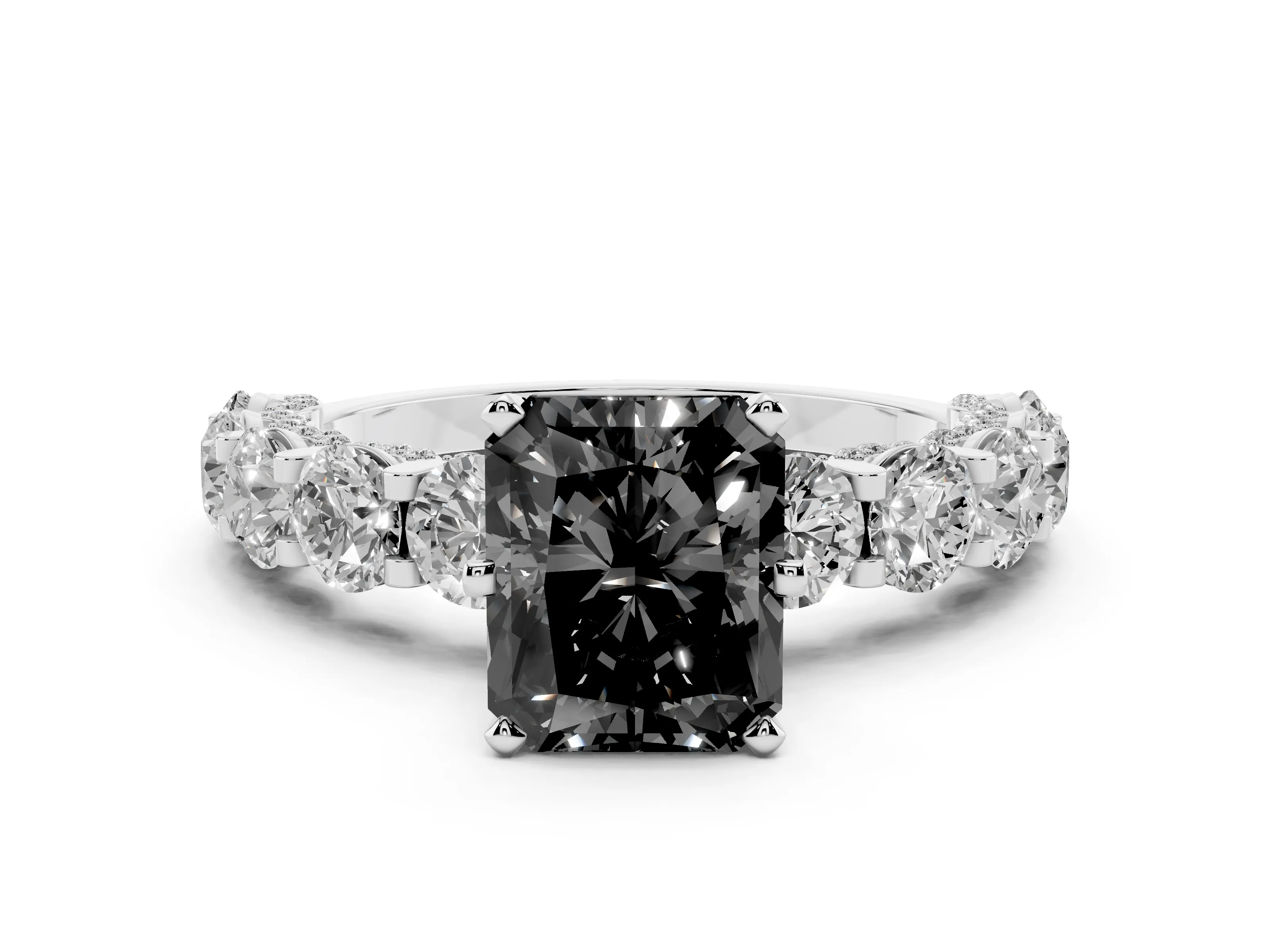 Fancy Black Radiant Cut Diamond Side Stone Ring Set in White gold with Alternating Round and Oval Side Stones