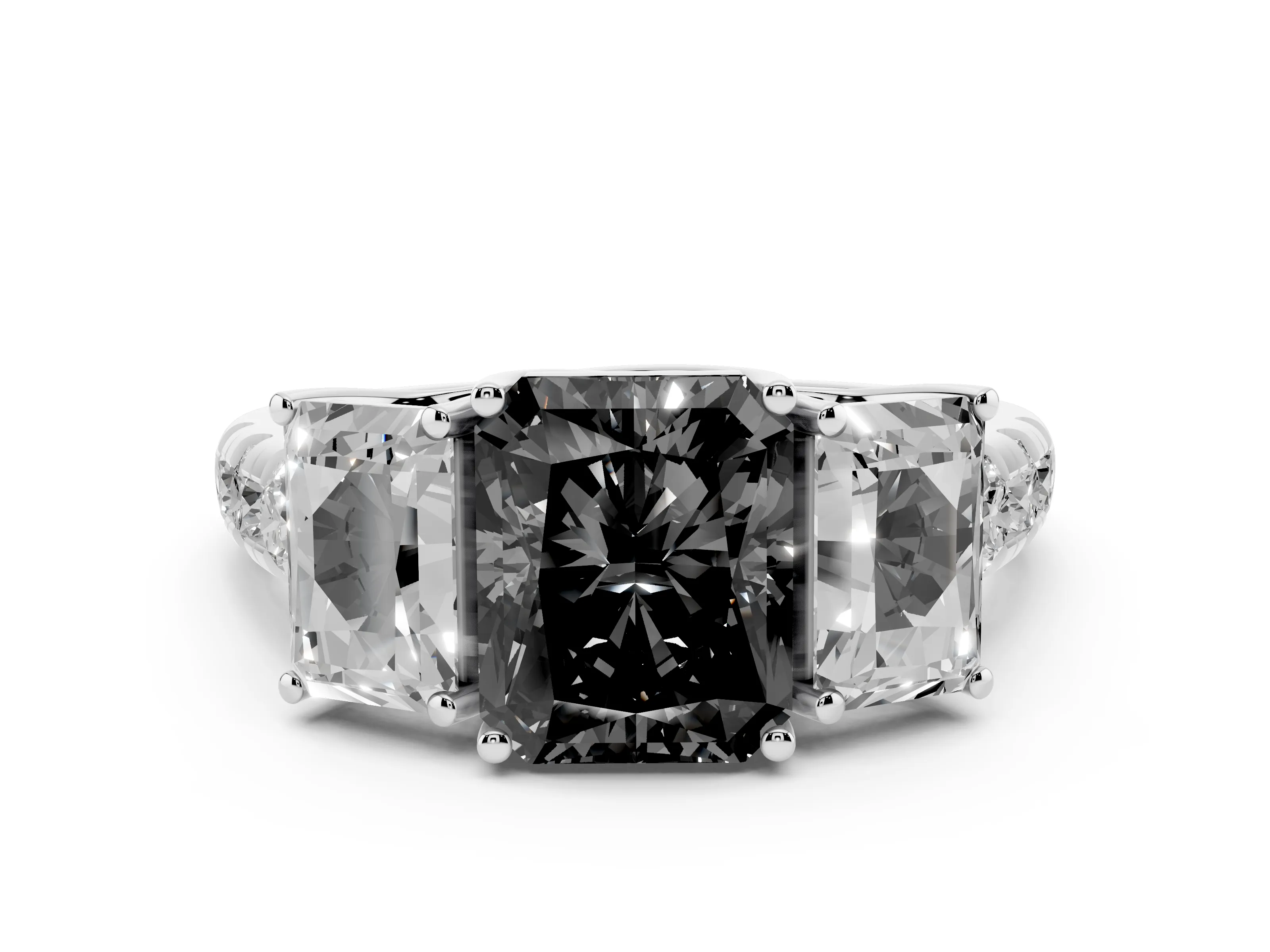 Fancy Black Radiant Cut Diamond Three-Stone Ring Set in Platinum with Pavé Band