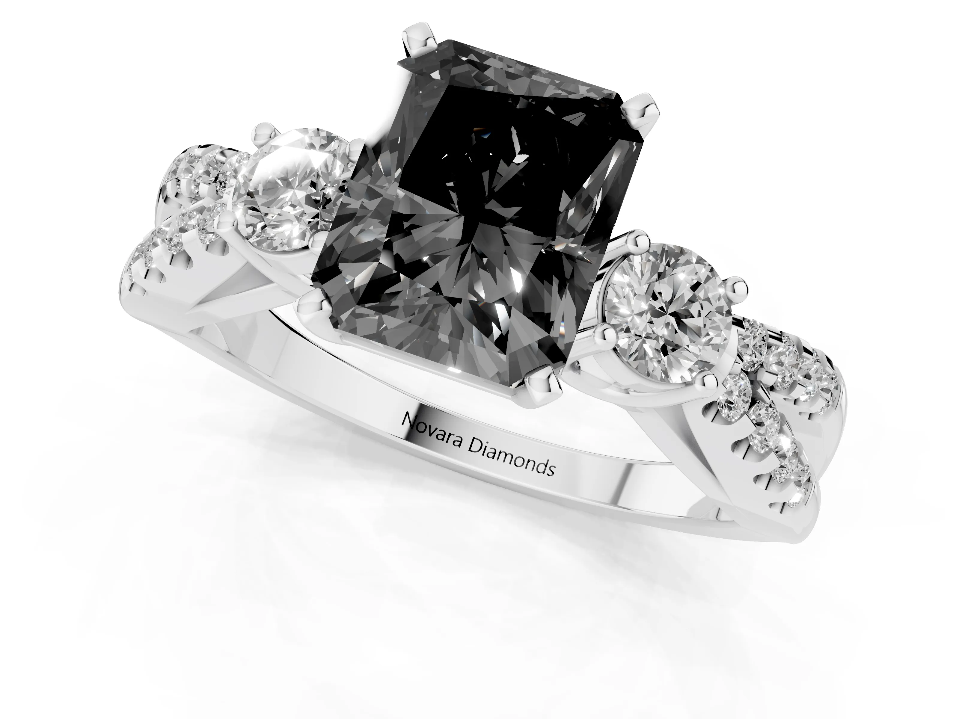 Fancy Black Radiant Cut Diamond Three-Stone Ring Set in Silver with Pavé Split Shank and Prong Setting