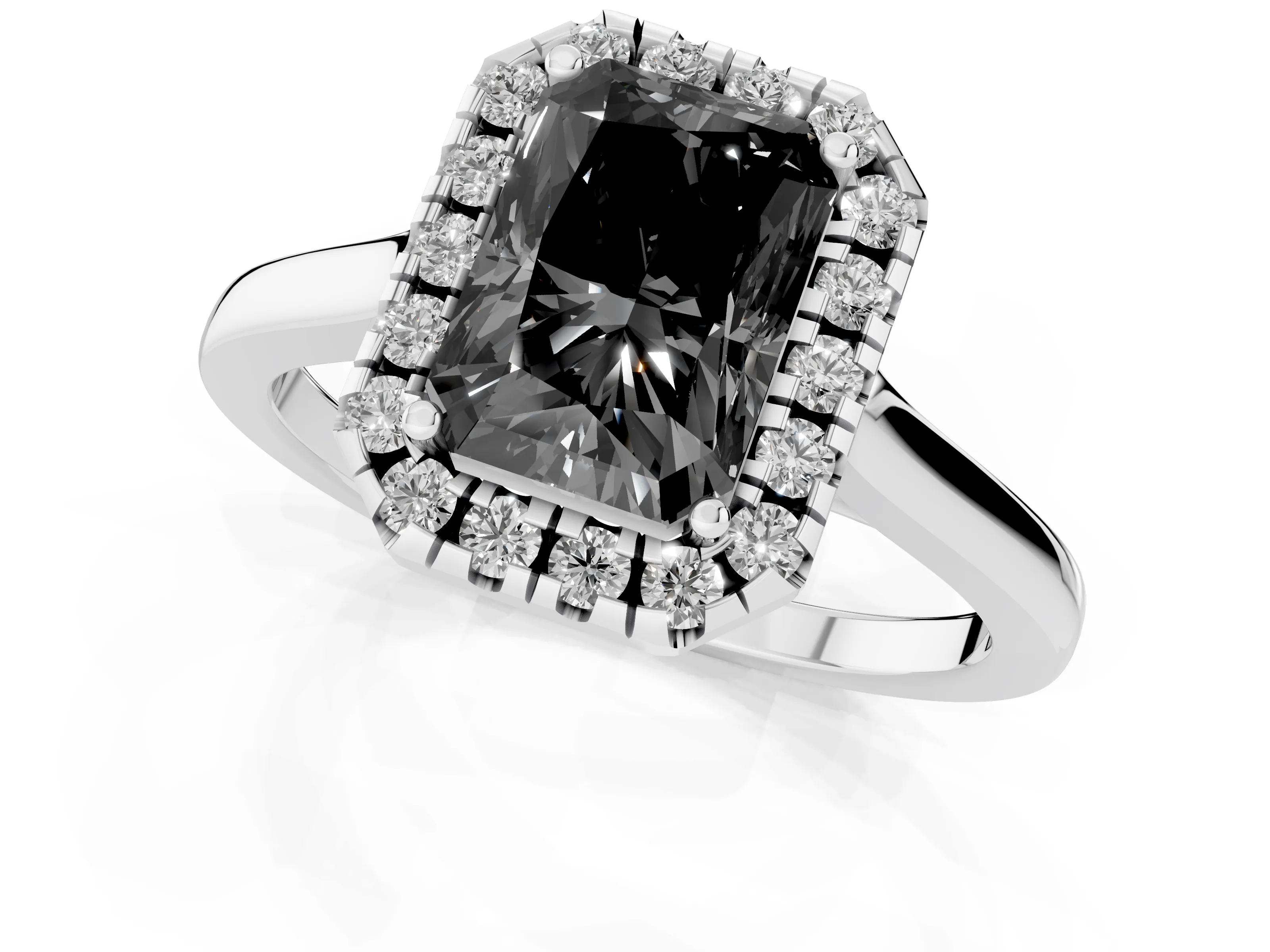 Fancy Black Radiant Cut Halo Round Diamond Solitaire Ring Set in Silver with Pavé Band and Prong Setting