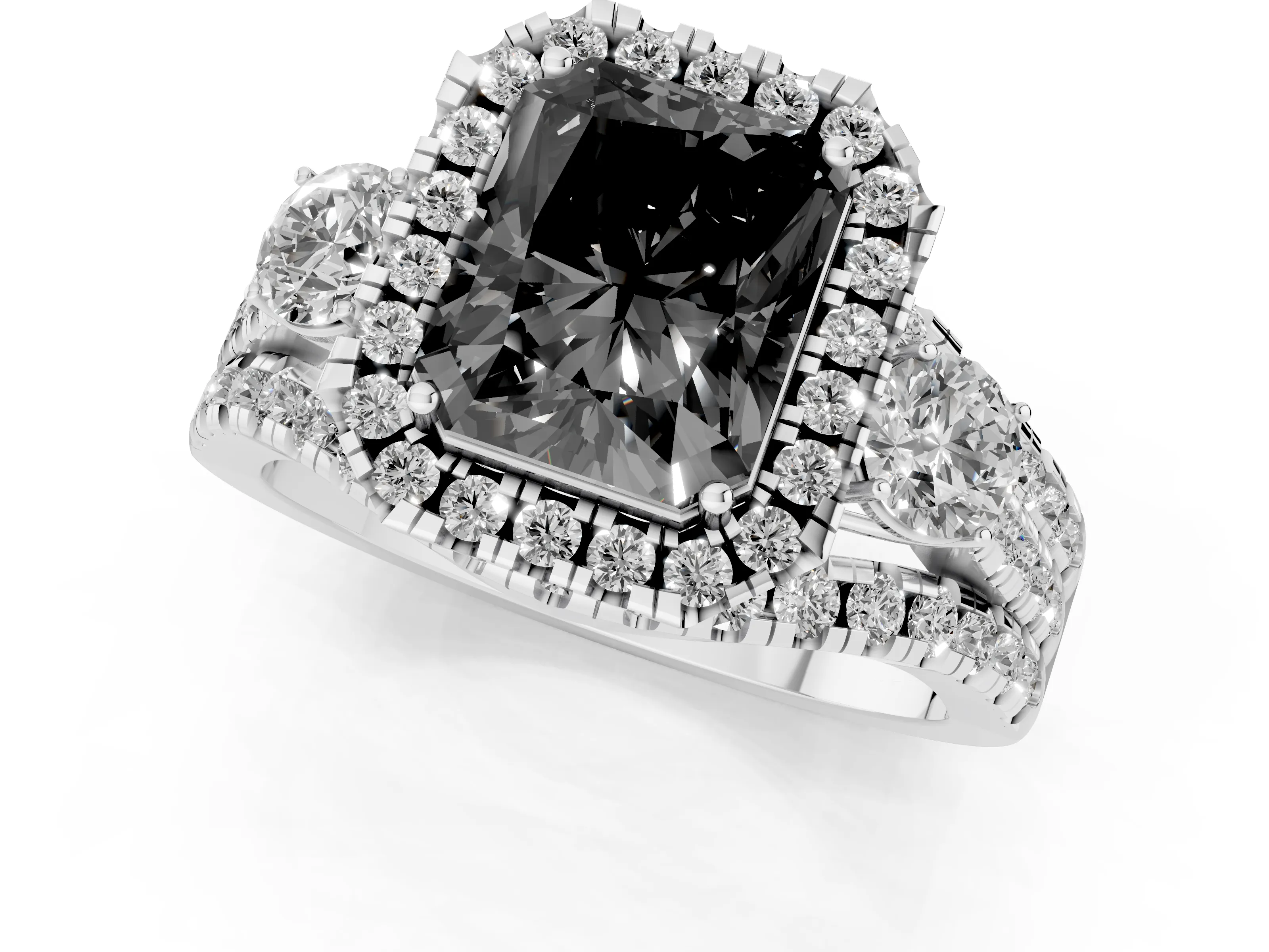 Fancy Black Radiant Cut Diamond Halo Split Shank Ring Set in White gold with Round Accent Stones and Prong Setting
