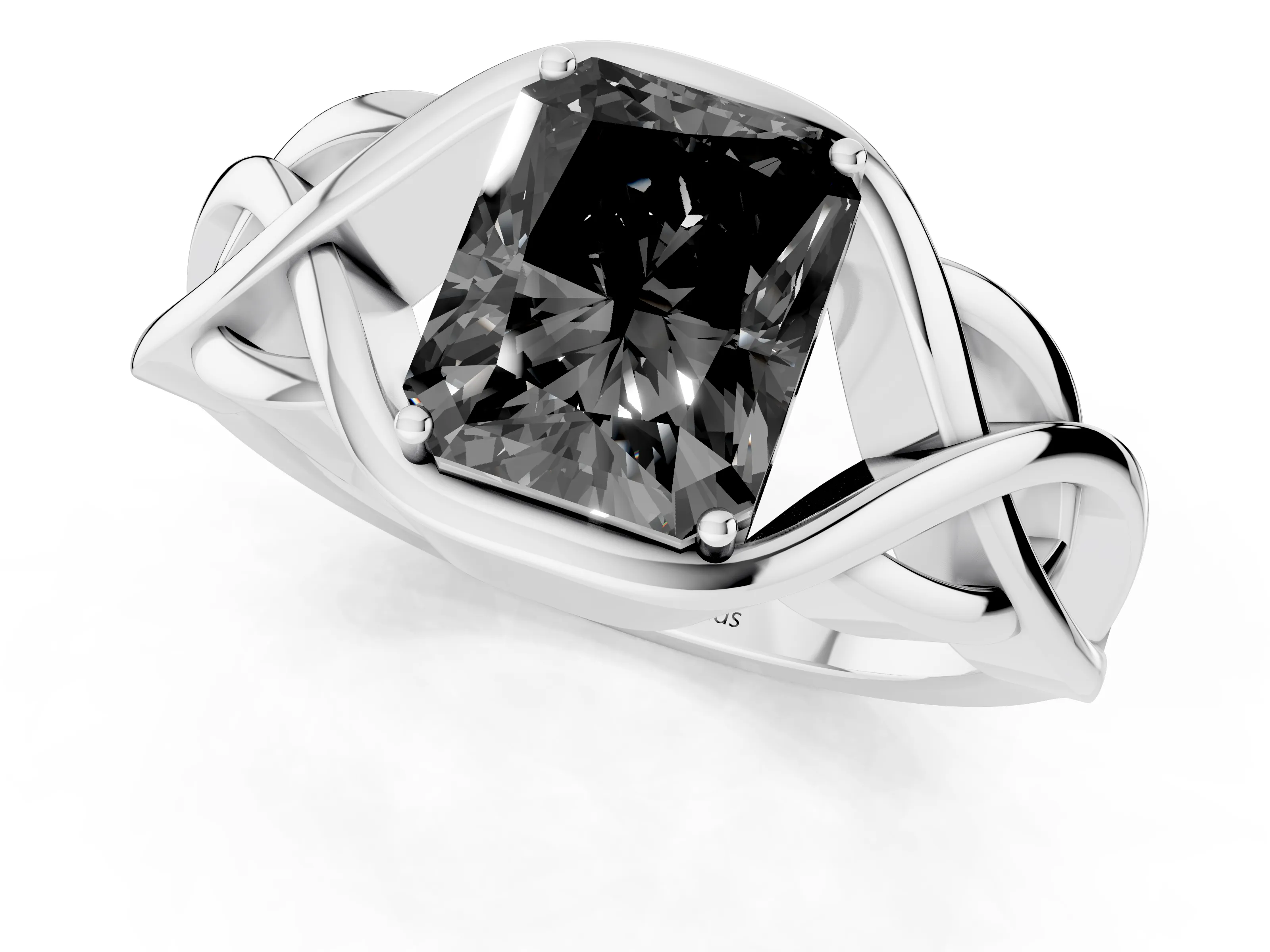 Fancy Black Radiant Cut Diamond Solitaire Ring Set in Platinum with Intertwined Band