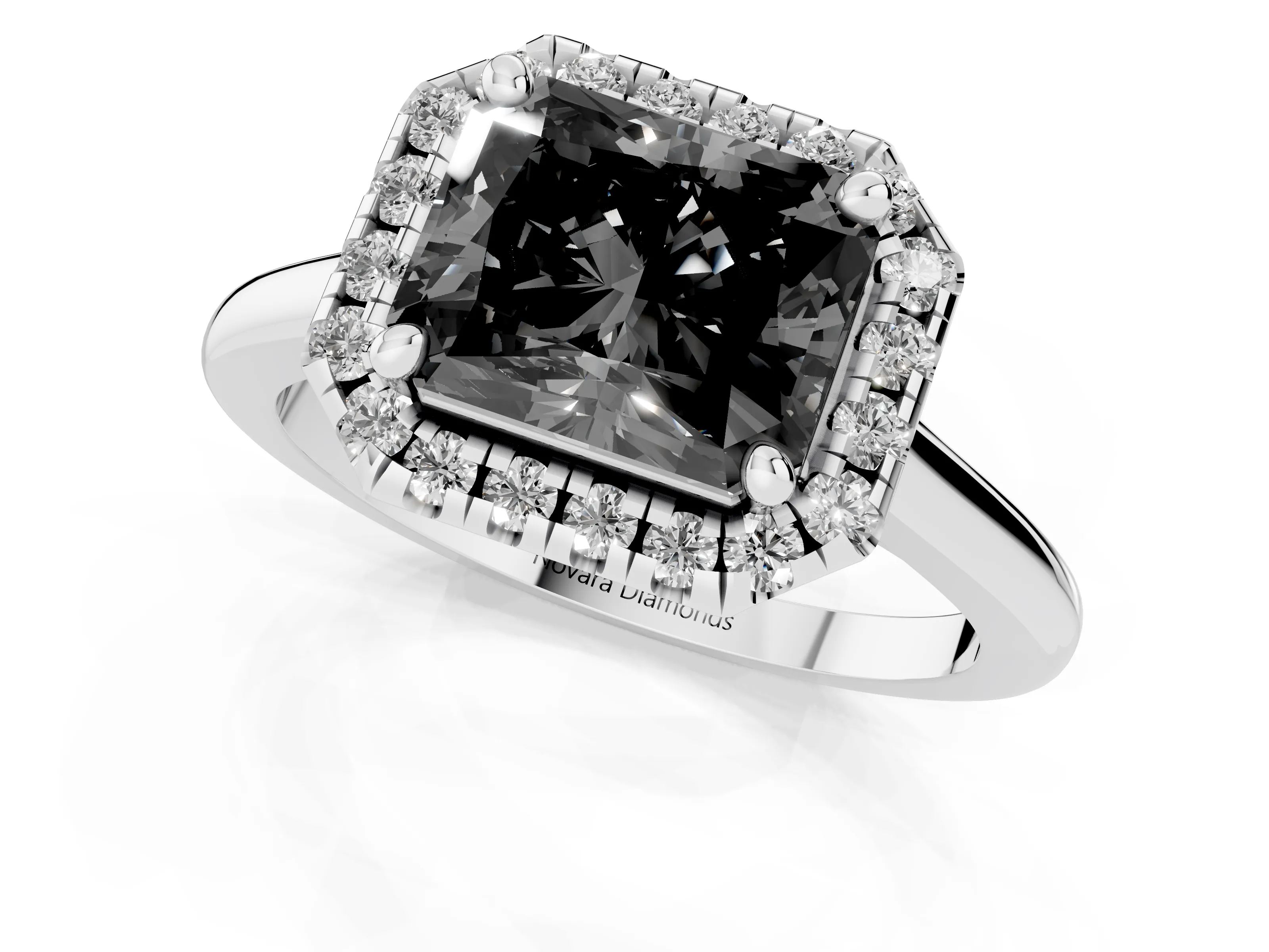 Fancy Black Radiant Cut Diamond Halo Engagement Ring Set in Silver with Pavé Band and Rising Shoulders