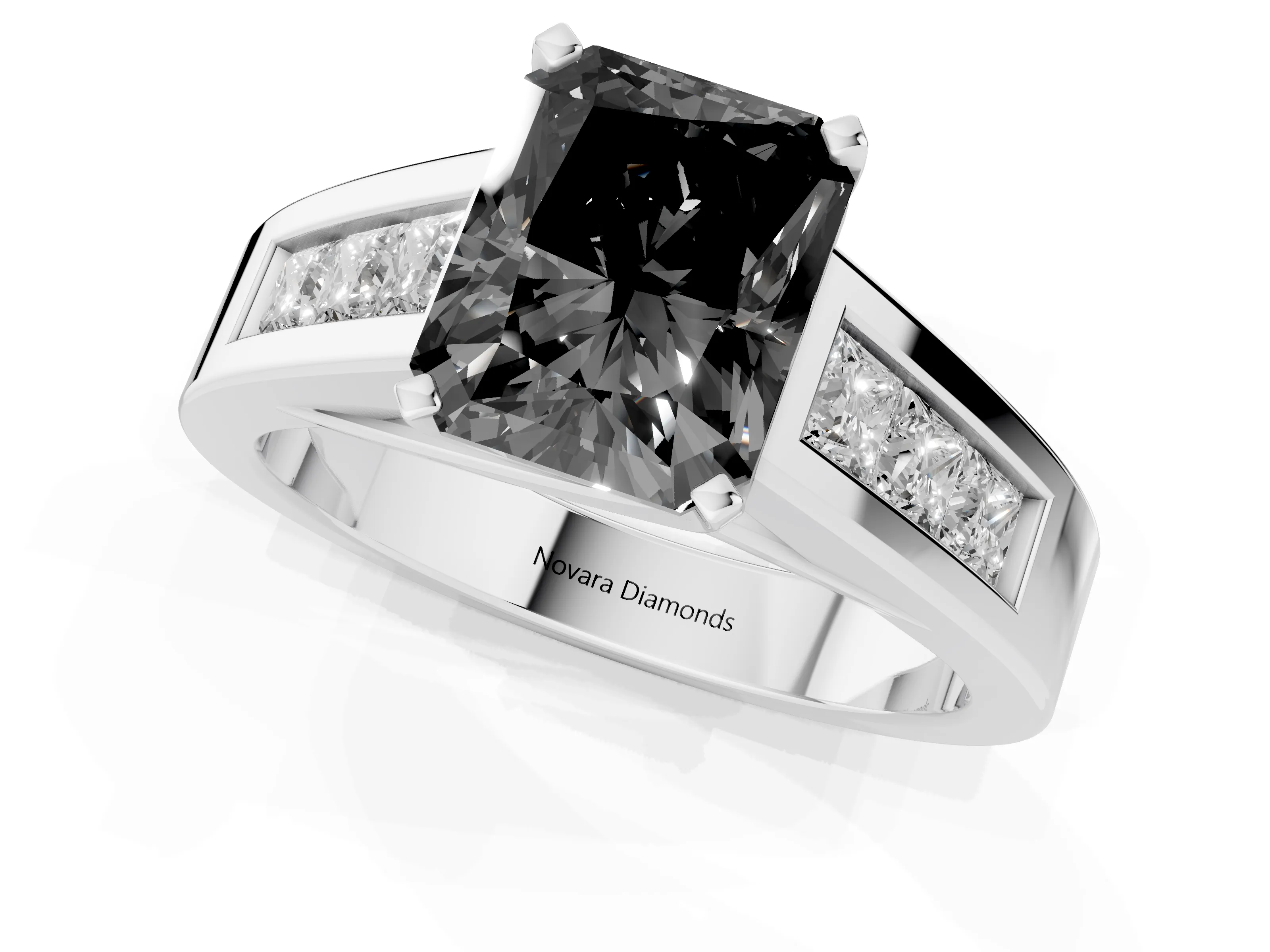 Fancy Black Radiant Cut Diamond Solitaire Ring Set in Silver with Channel-Set Accent Stones and Prong Setting
