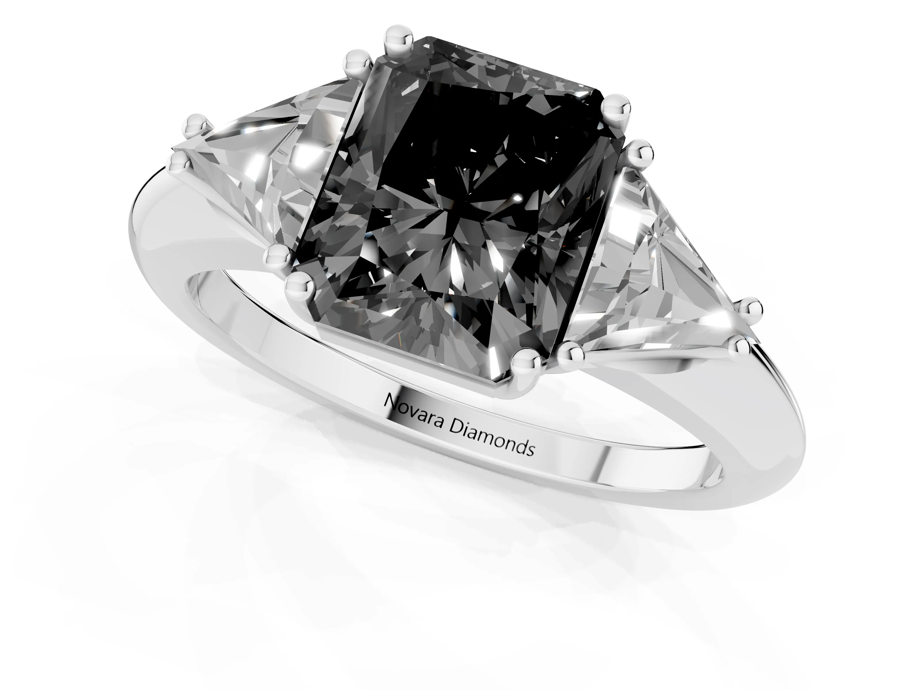 Fancy Black Radiant Cut Diamond Three-Stone Engagement Ring Set in White gold with Trillion Side Stones