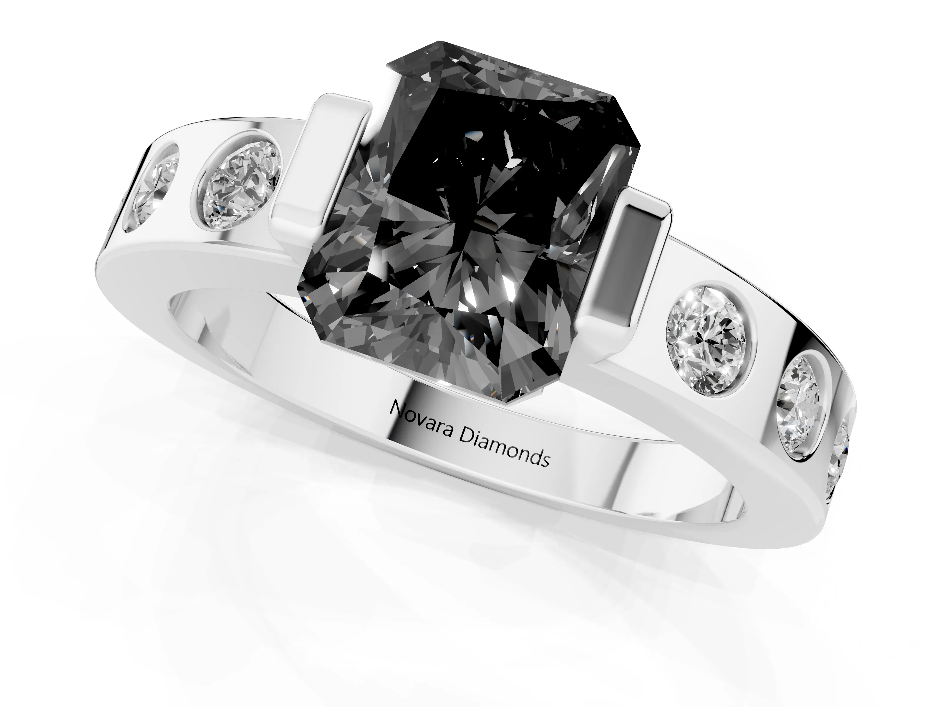 Fancy Black Radiant Cut Diamond Channel-Set Band Ring Set in Platinum with Bezel Prong Setting