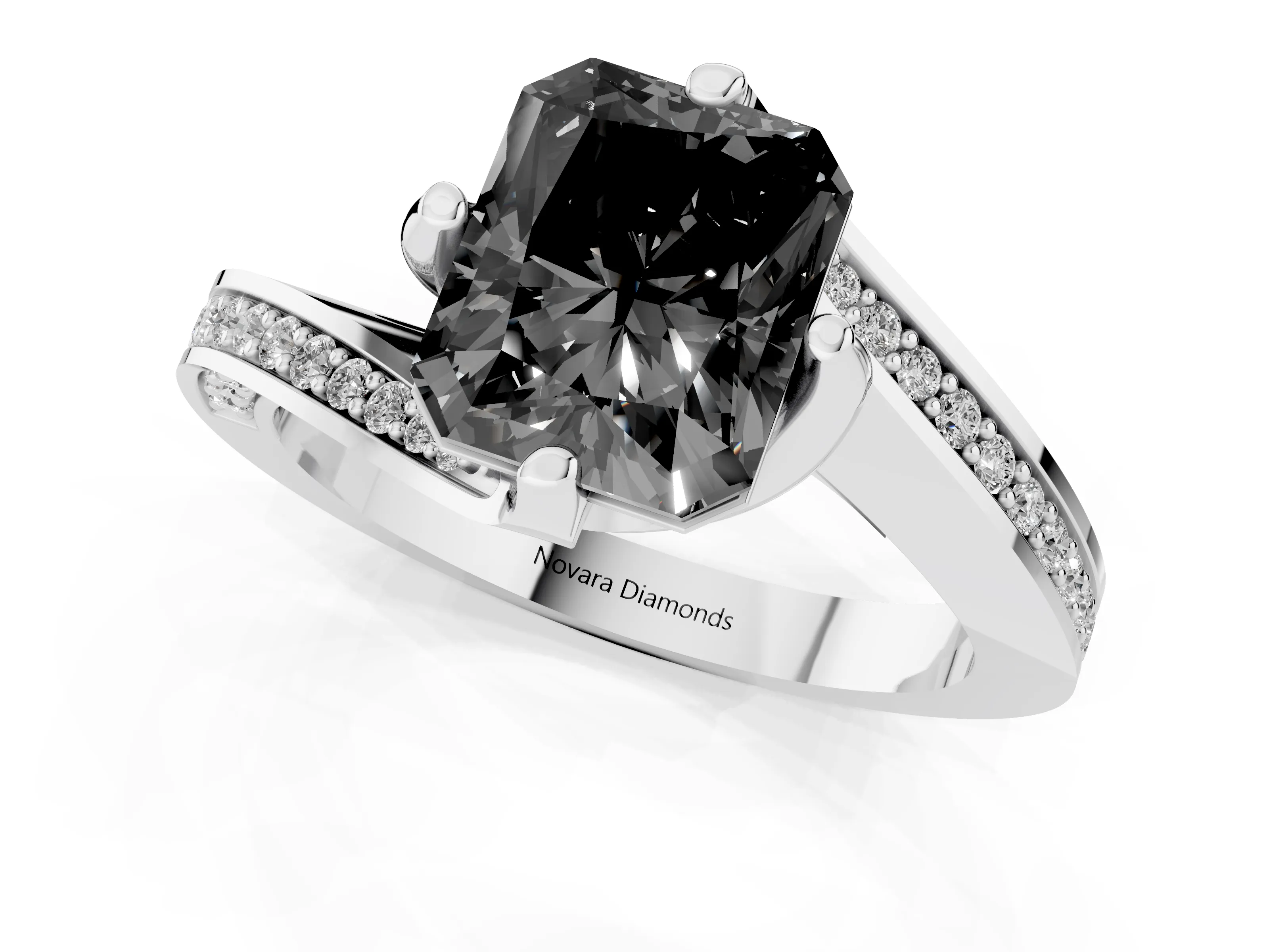Fancy Black Radiant Cut Diamond Solitaire Ring Set in White gold with Intertwined Pavé Twist Band