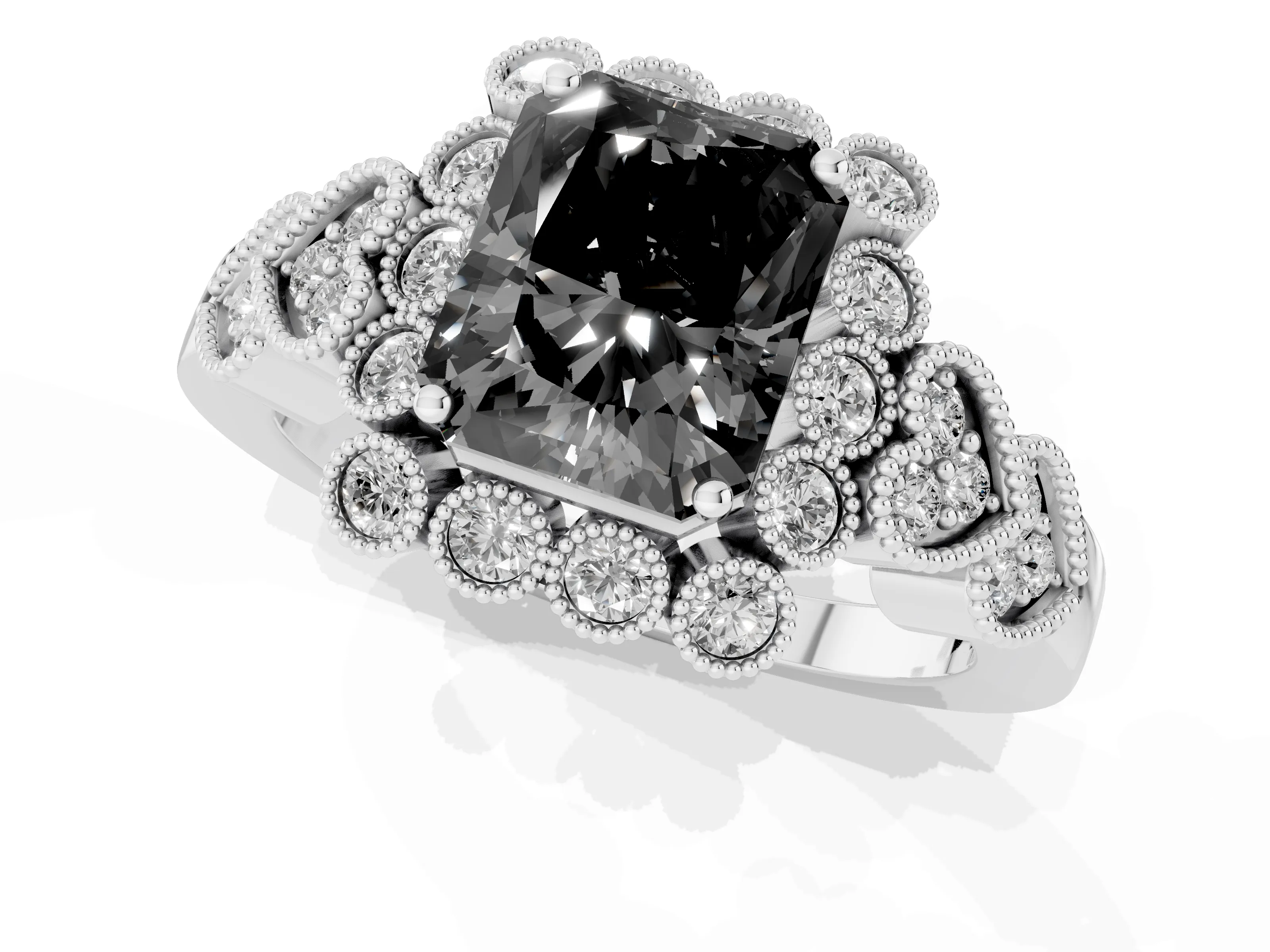 Fancy Black Radiant Cut Diamond Solitaire Ring Set in White gold with Milgrain Pavé Heart Band