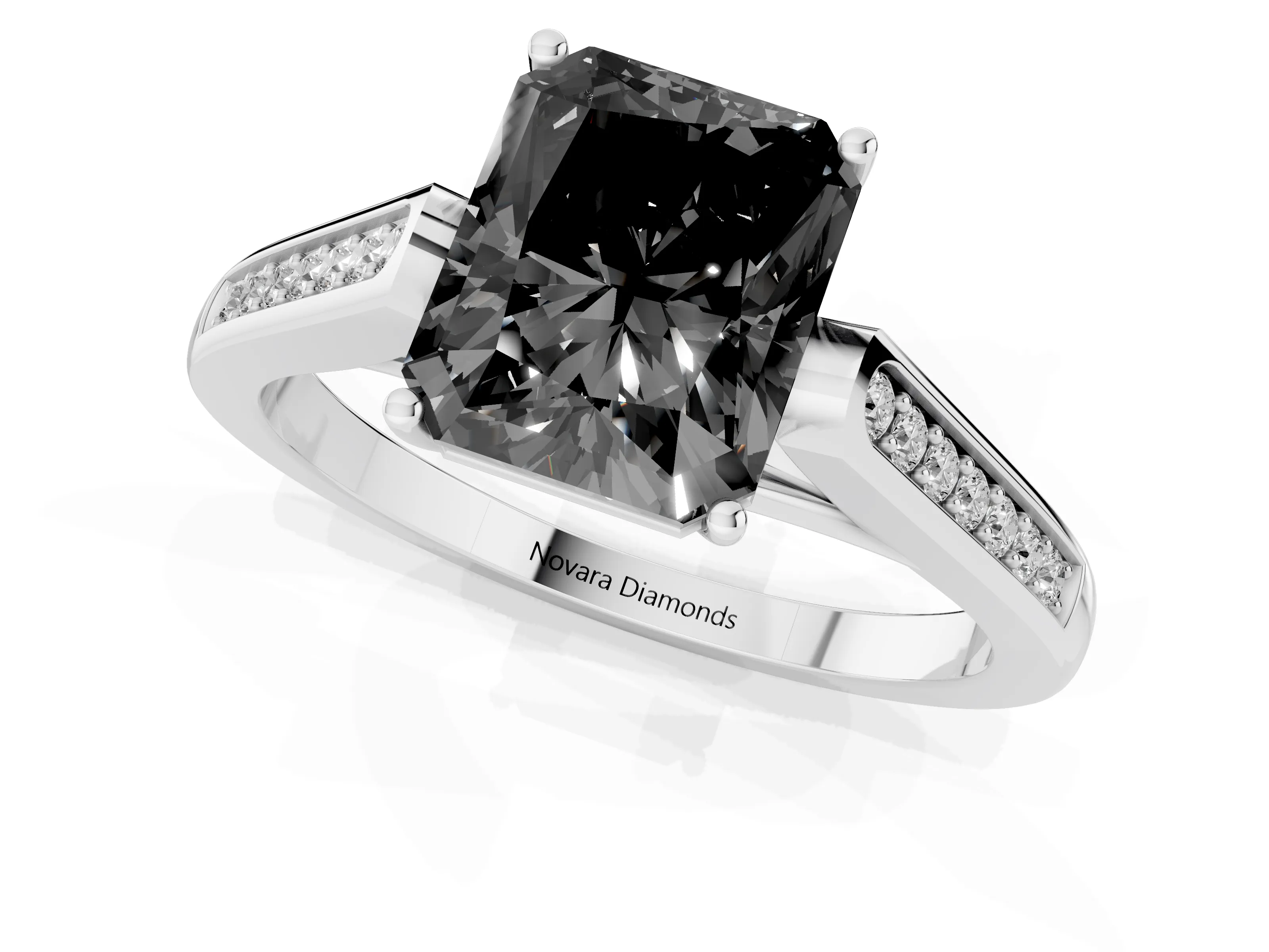 Fancy Black Radiant Cut Diamond Solitaire Cathedral Engagement Ring Set in Platinum with Channel-Set Band and Prong Setting
