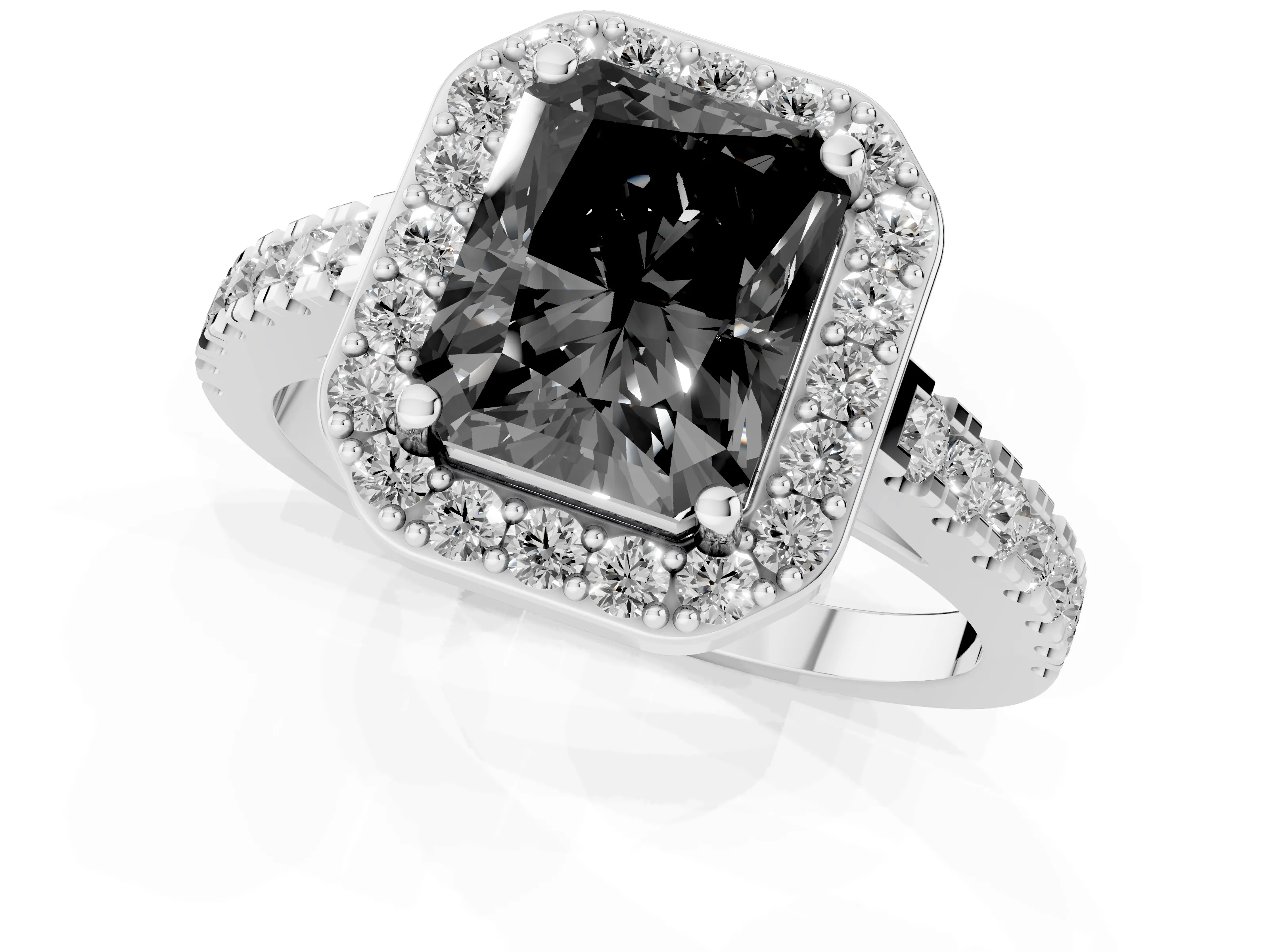 Fancy Black Radiant Cut Diamond Halo Ring Set in Silver with Round Pavé Split Shank and Prong Setting