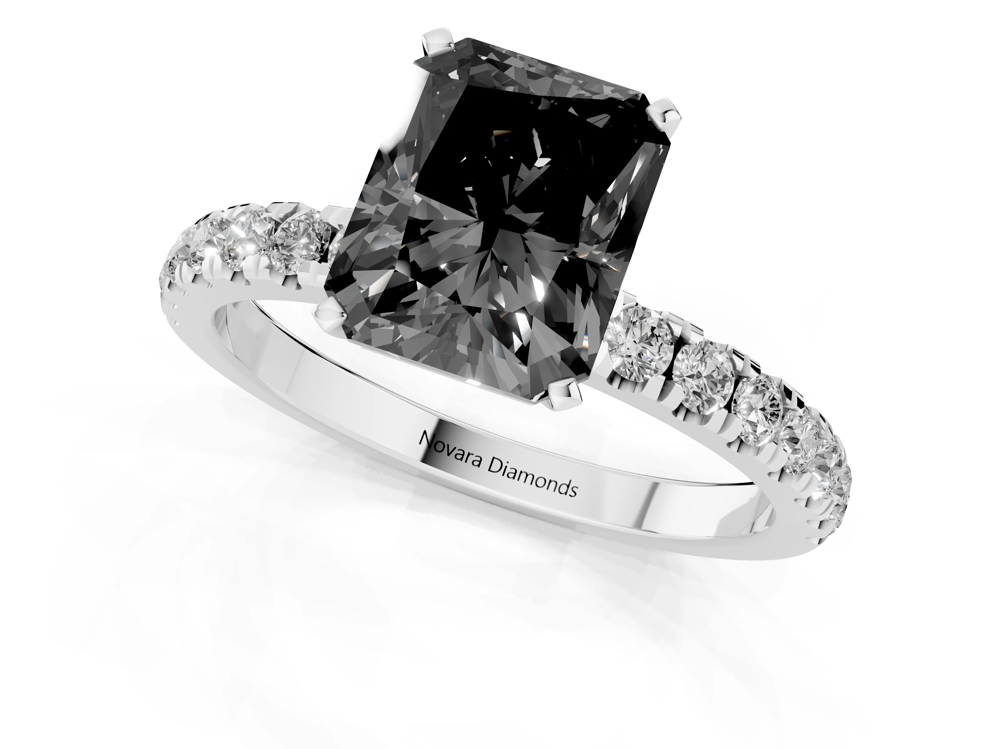 Fancy Black Radiant Cut Diamond Solitaire Ring Set in Platinum with Pavé Accents and Prong Setting