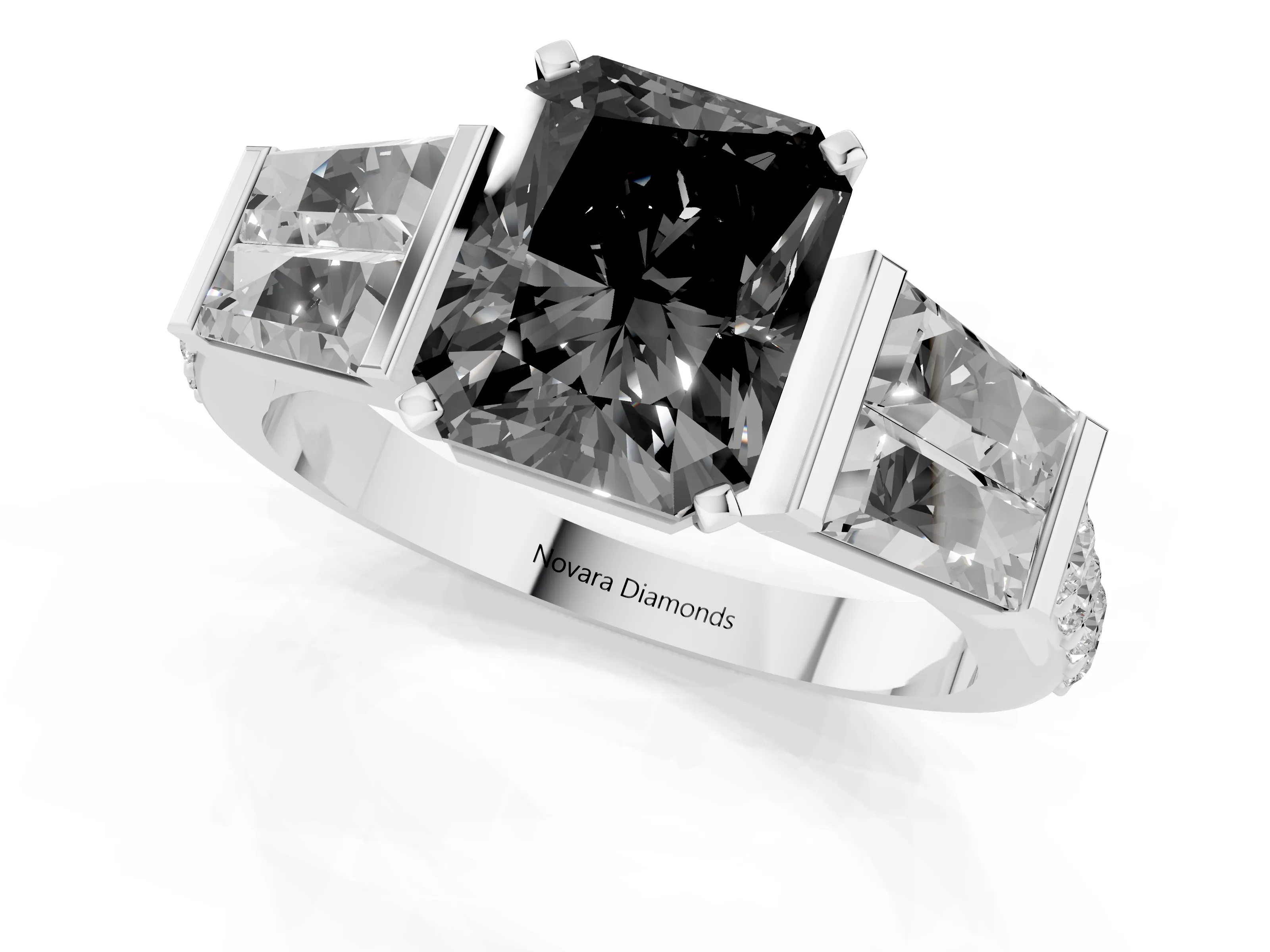 Fancy Black Radiant Cut Diamond Engagement Ring Set in Silver with Baguette Side Stones and Channel Set Band