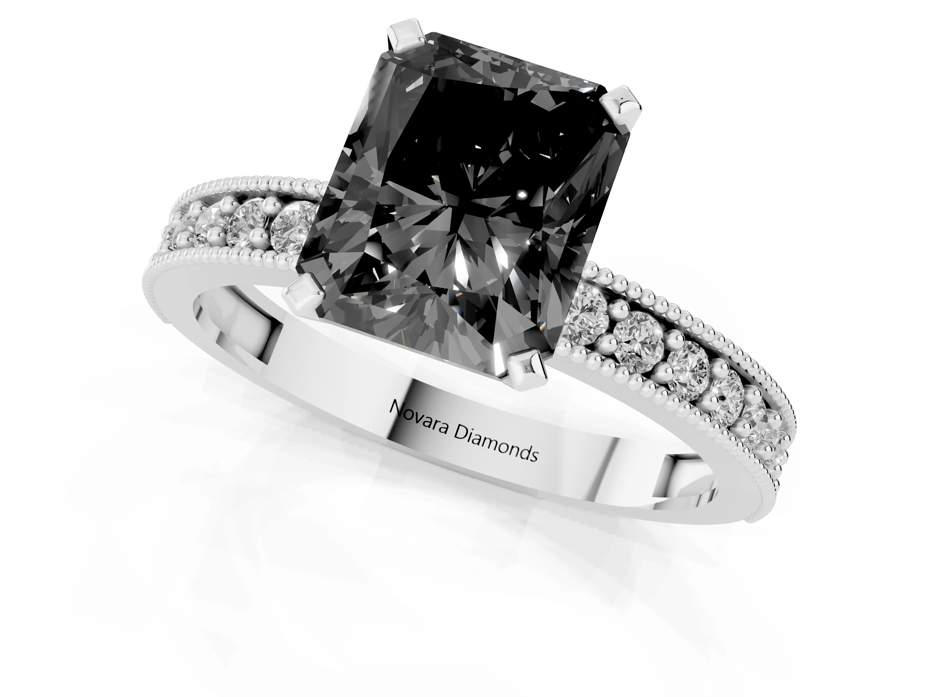 Fancy Black Radiant Cut Diamond Milgrain Pavé Engagement Ring Set in White gold with Prong Setting