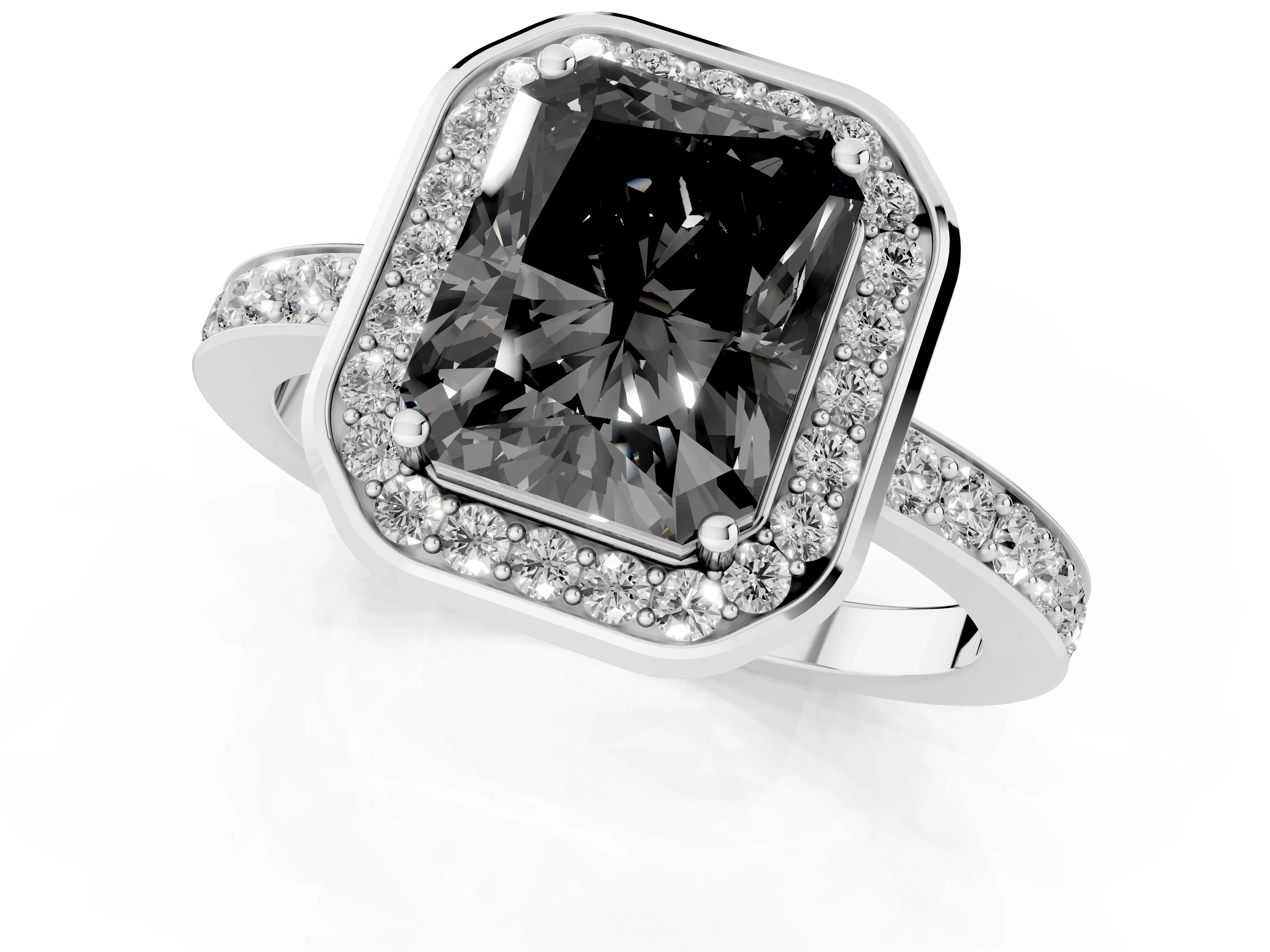 Fancy Black Radiant Cut Diamond Halo Ring Set in Platinum with Bezel Frame and Pavé Band