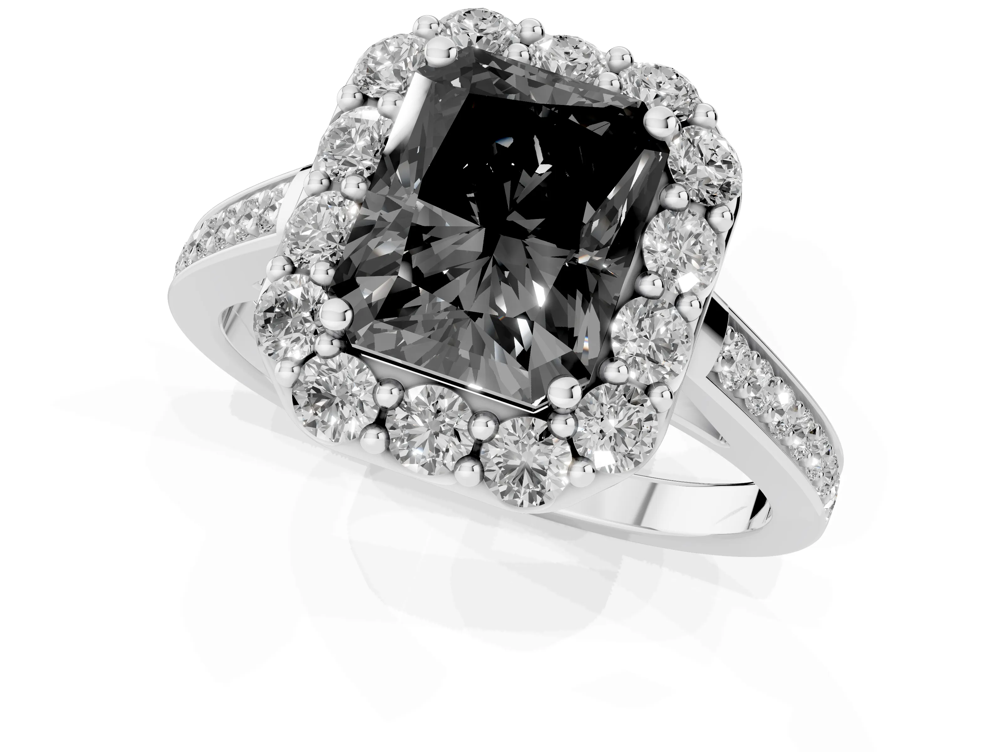 Fancy Black Radiant Cut Diamond Floral Halo Ring Set in Platinum with Pavé Band and Prong Setting