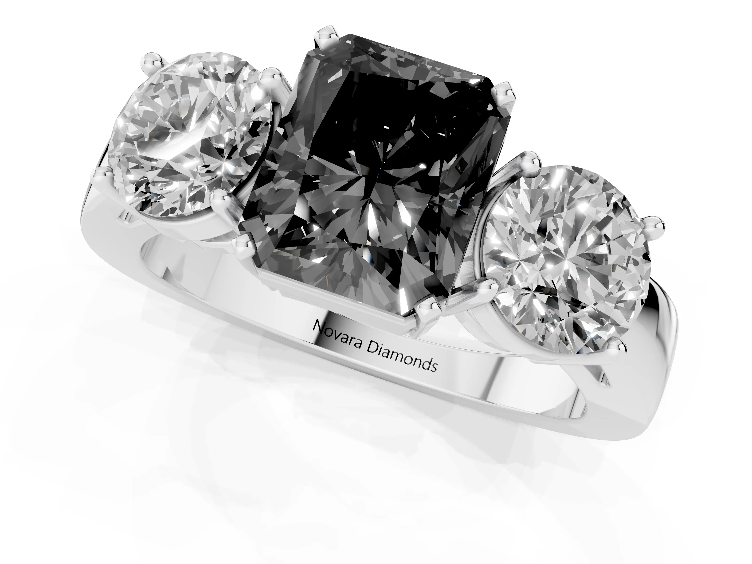Fancy Black Radiant Cut Diamond Three-Stone Ring Set in Silver with Round Side Stones and Classic Band