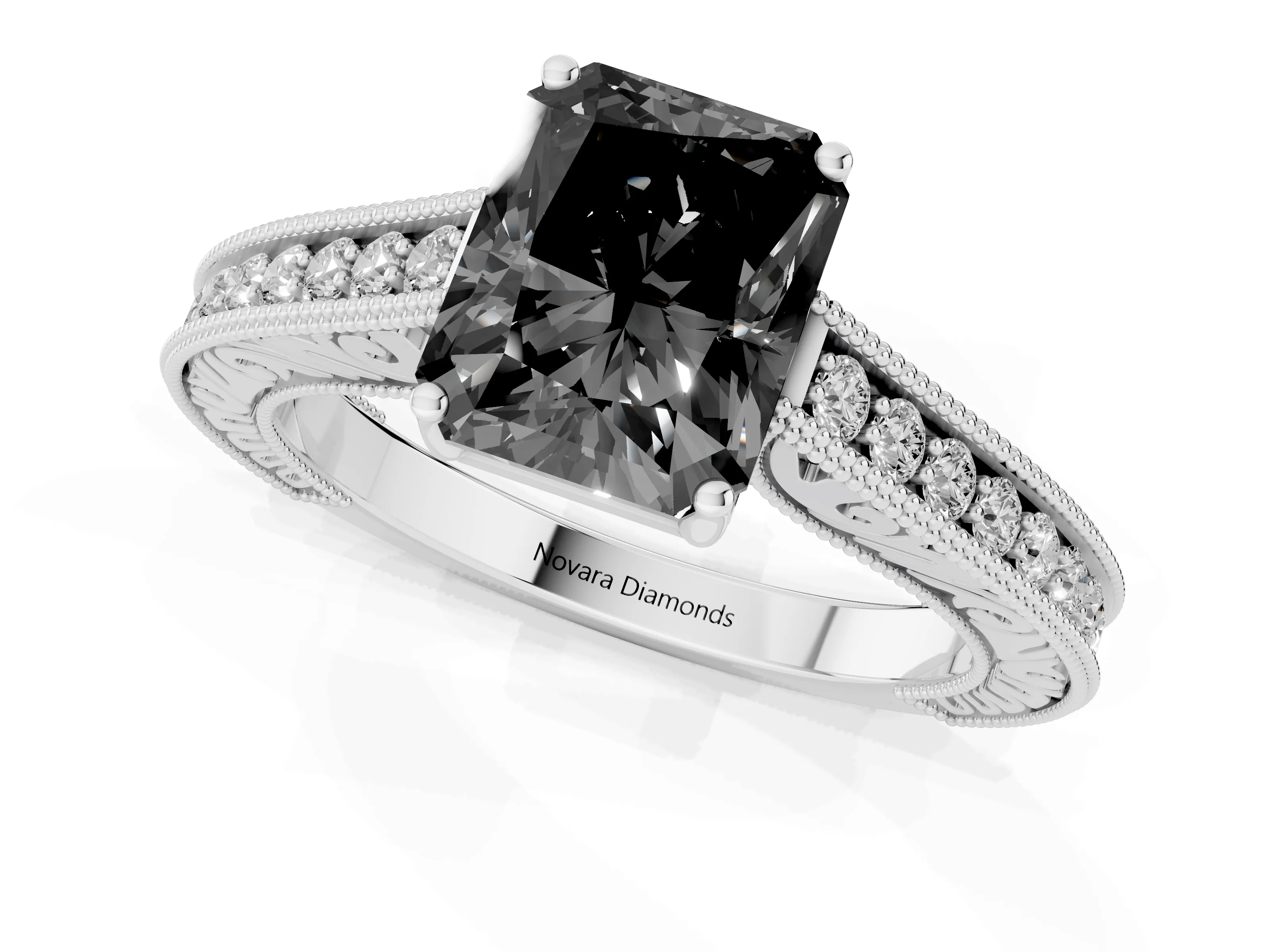 Fancy Black Radiant Cut Diamond Milgrain Pavé Band Solitaire Ring Set in Silver with Prong Setting