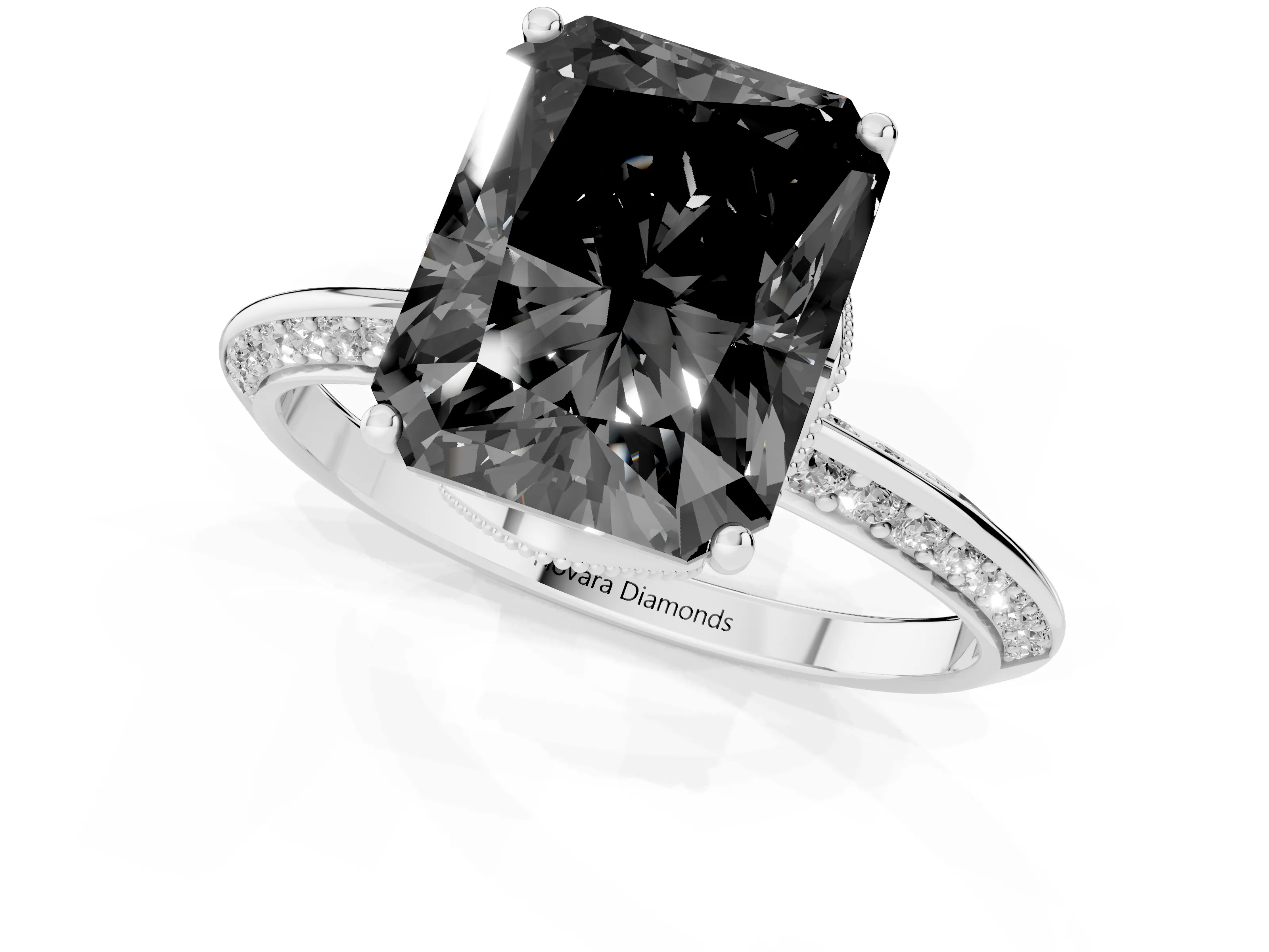 Fancy Black Radiant Cut Diamond Solitaire Engagement Ring Set in Silver with Pavé Split Shank and Prong Setting