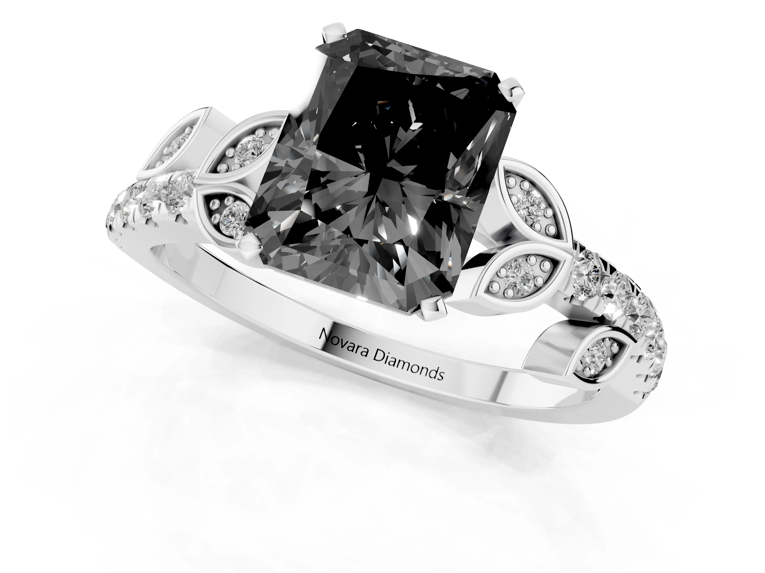 Fancy Black Radiant Cut Diamond Solitaire Leaf-Inspired Ring Set in White gold with Pavé Band and Prong Setting