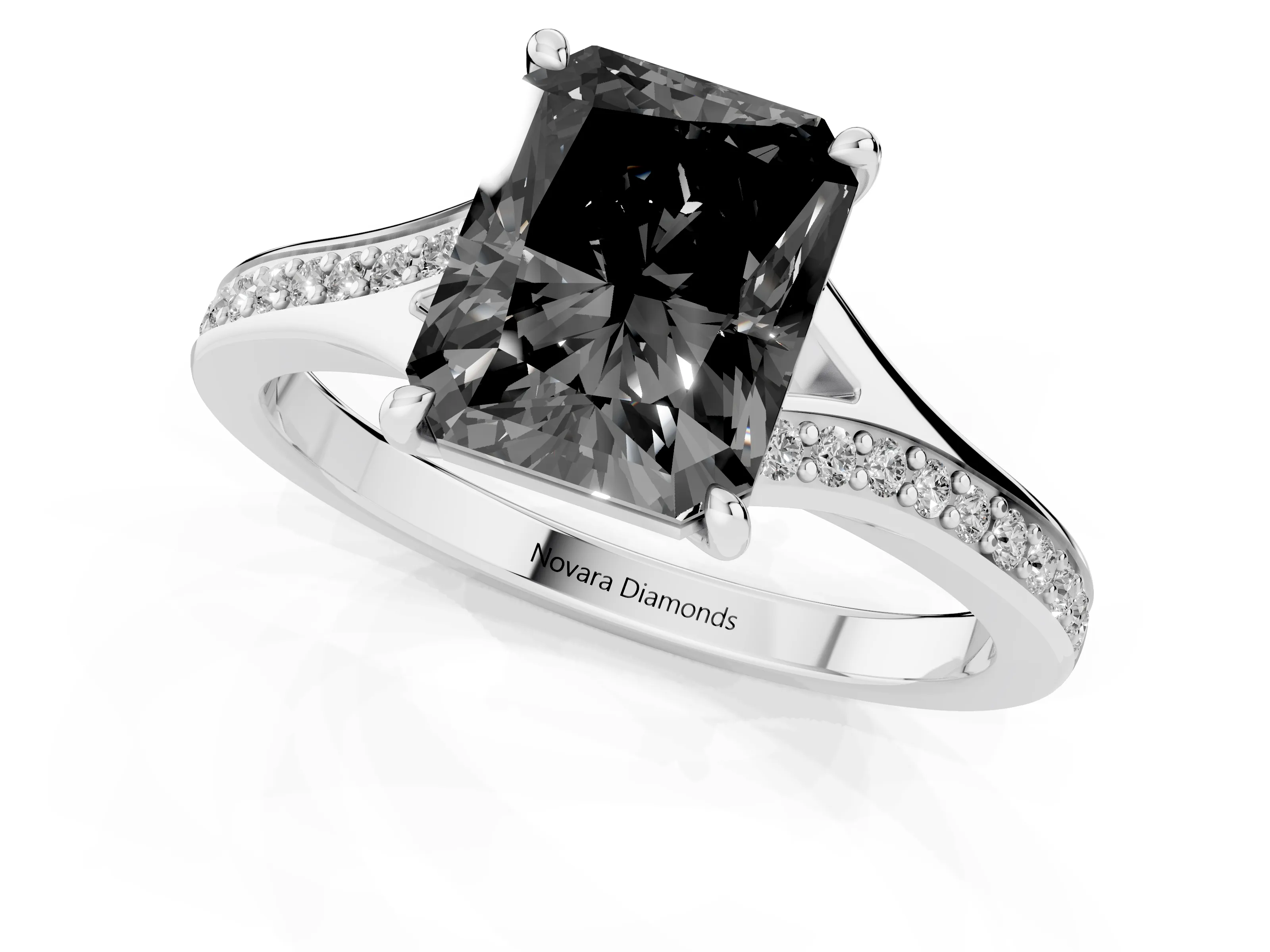 Fancy Black Radiant Cut Diamond Solitaire Ring Set in White gold with Pavé Accent Band and Classic Prong Setting