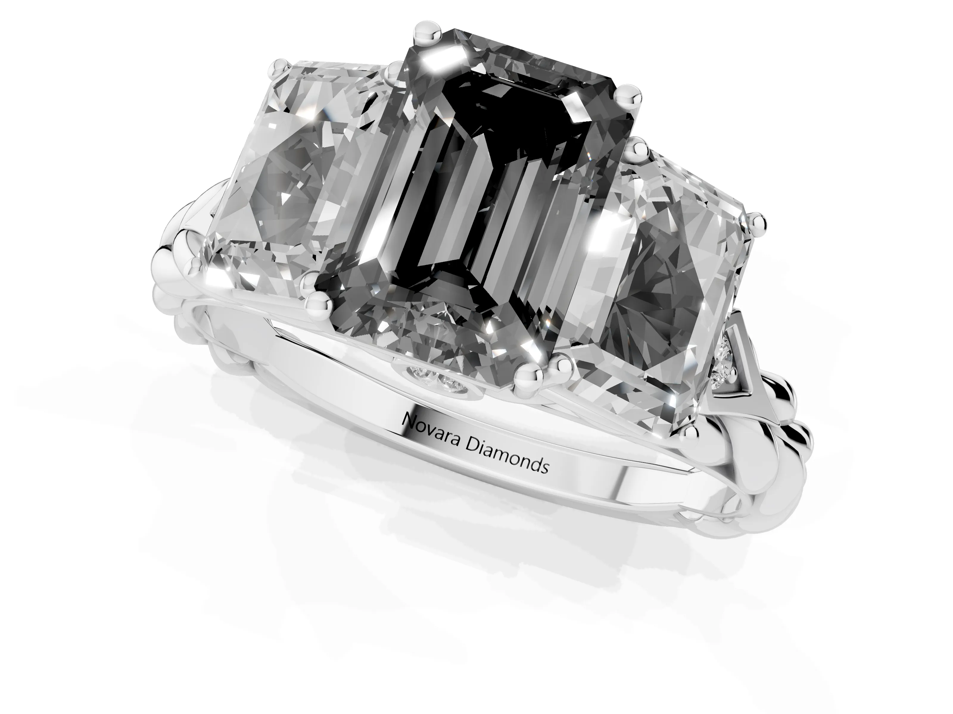 Fancy Black Radiant Cut Diamond Three-Stone Ring Set in White gold with Braided Band