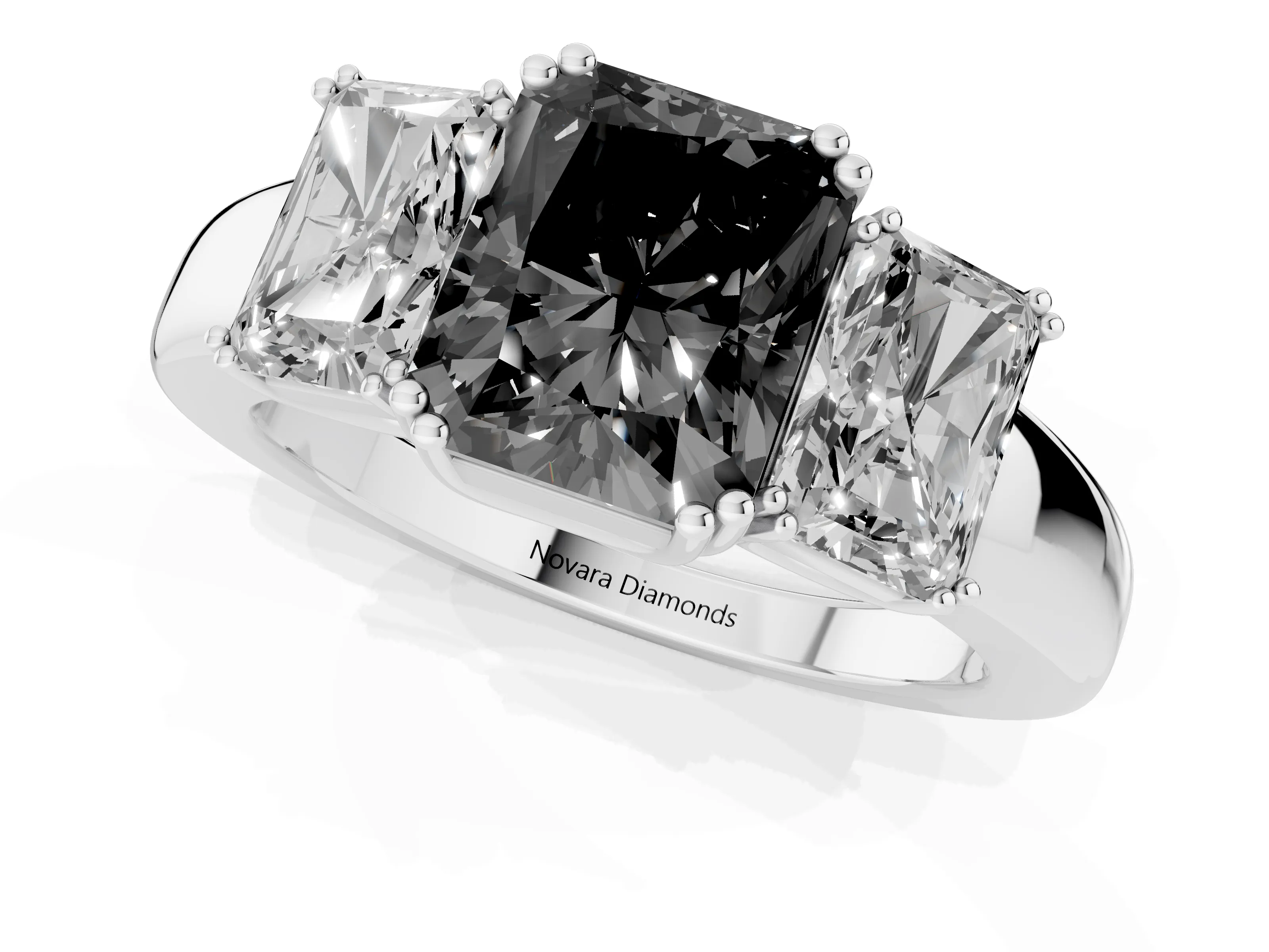Fancy Black Radiant Cut Diamond Three-Stone Ring Set in Platinum with Polished Channel-Set Band