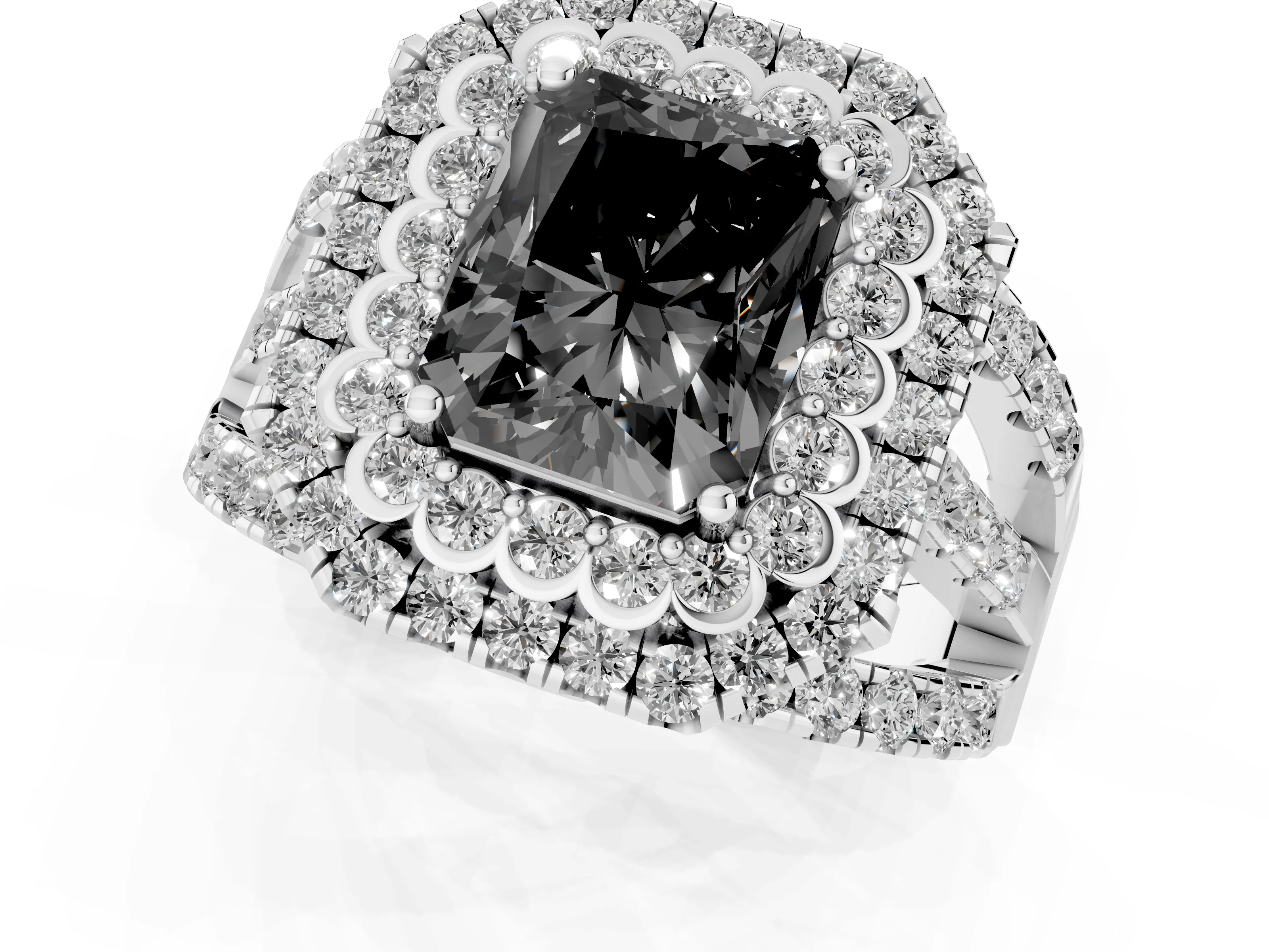 Fancy Black Radiant Cut Diamond Double Halo Ring Set in White gold with Round Pavé Split Shank